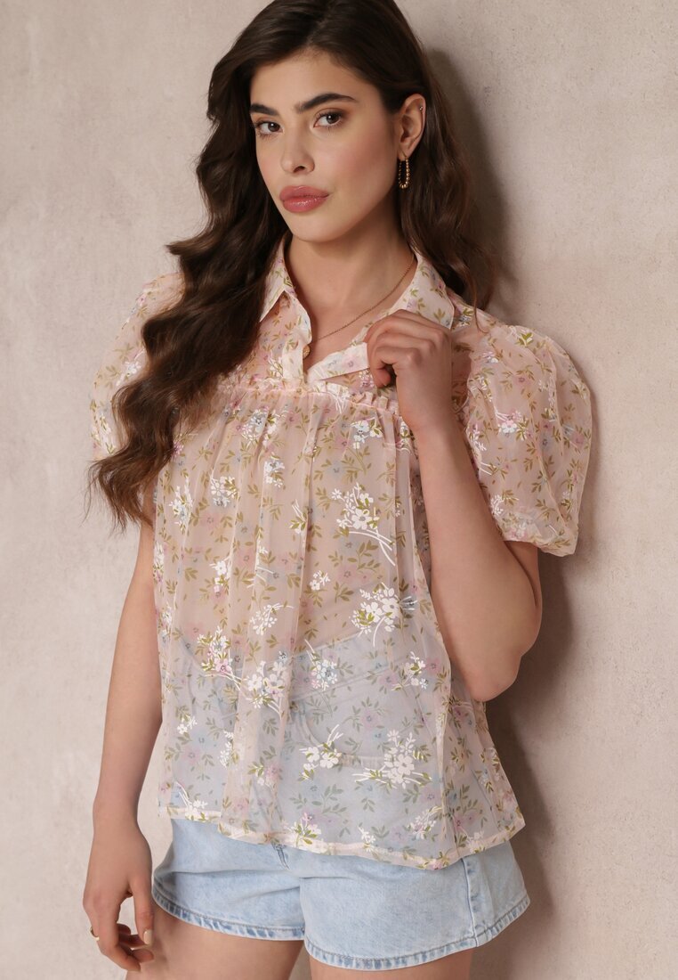 j&x Bluză roză din plasă cu imprimeu floral și guler Kiasia