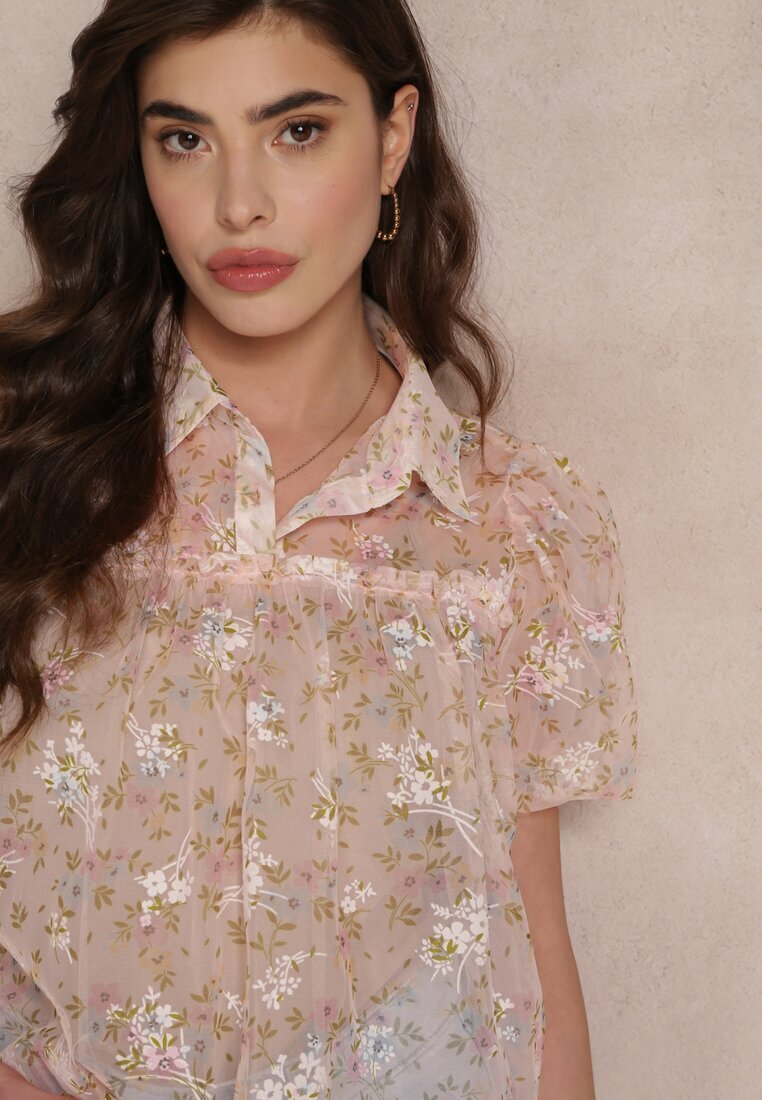 j&x Bluză roză din plasă cu imprimeu floral și guler Kiasia