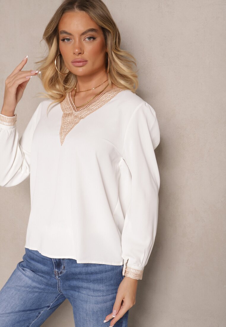 j&x Bluză Rustică Albă cu Decolteu în V Decorată cu Dantelă Gonasea