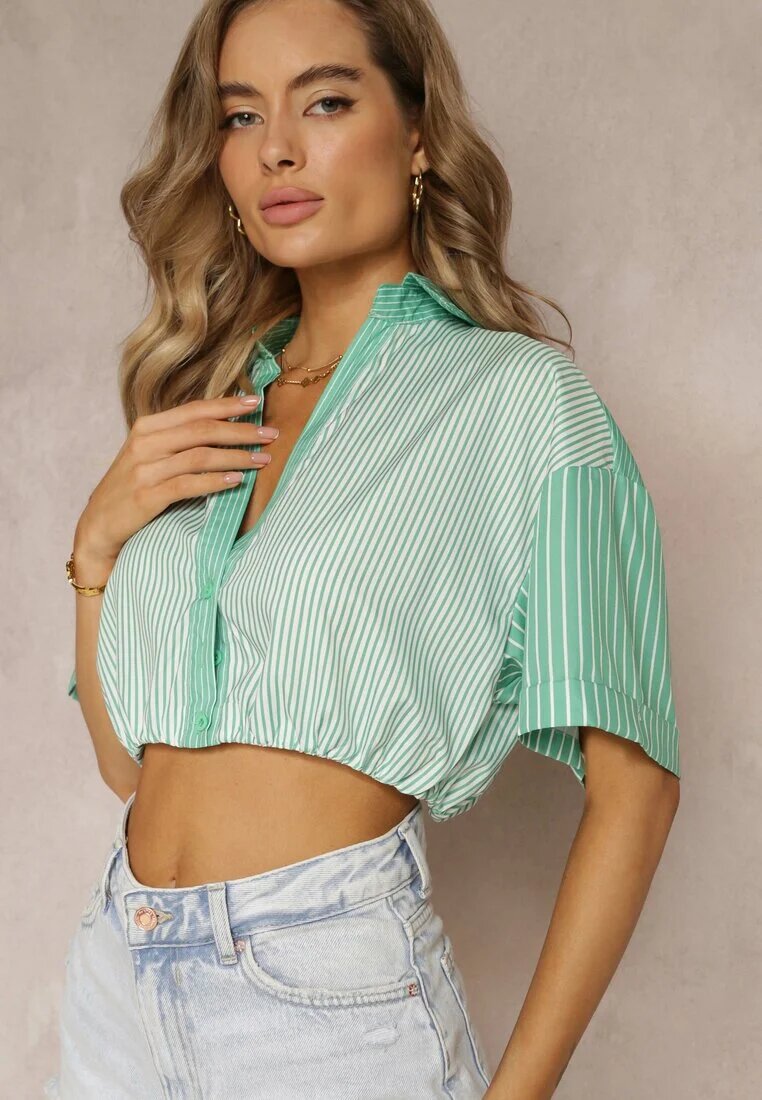 j&x Bluză Verde Scurtă în Stil Retro cu Nasturi Decorată cu Dungi Fito