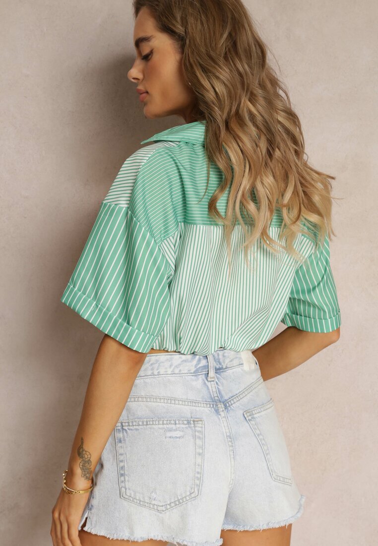 j&x Bluză Verde Scurtă în Stil Retro cu Nasturi Decorată cu Dungi Fito