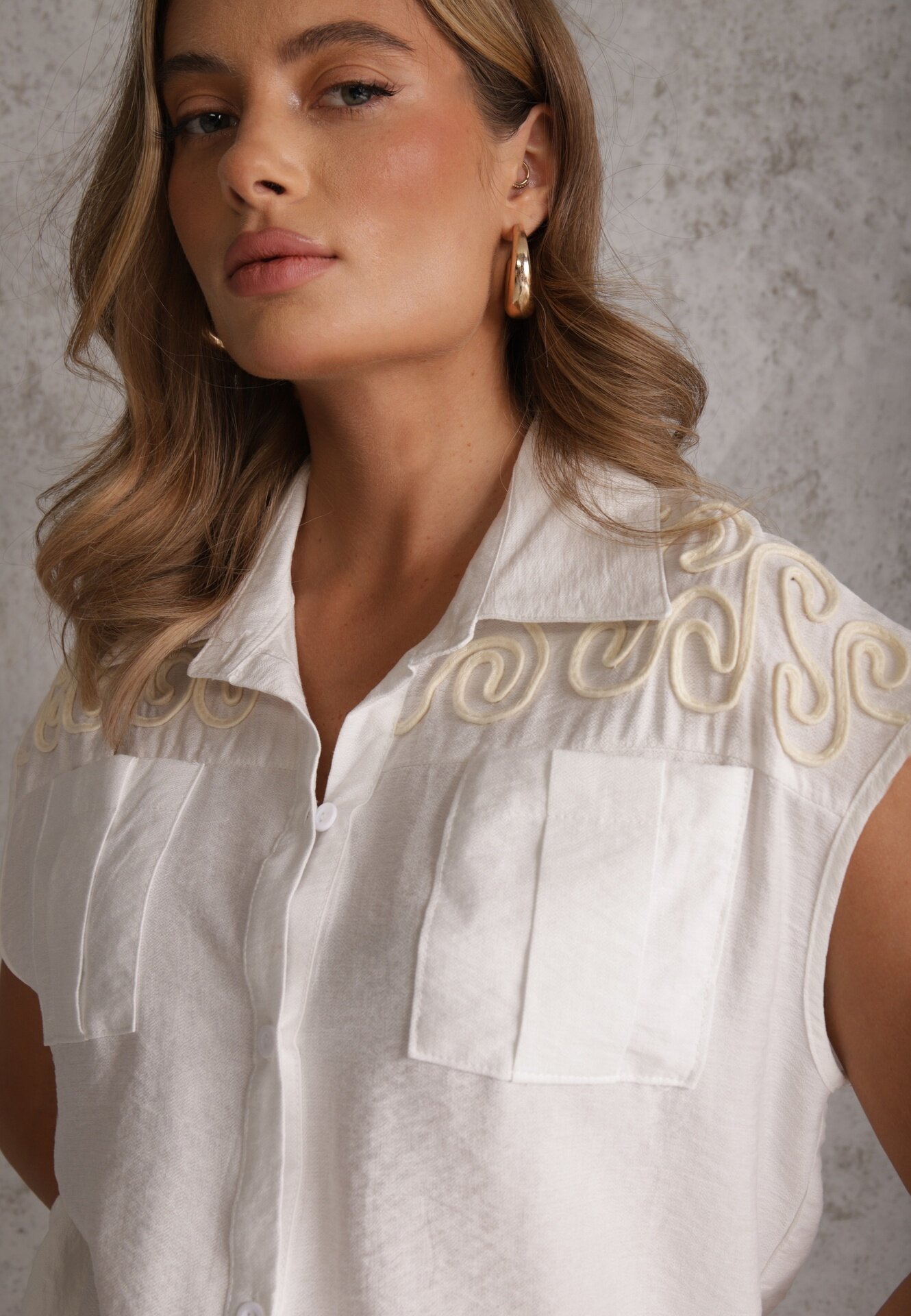 j&x Cămașă Boho Albă din Viscoză Fără Mâneci cu Șnur în Talie Assabel