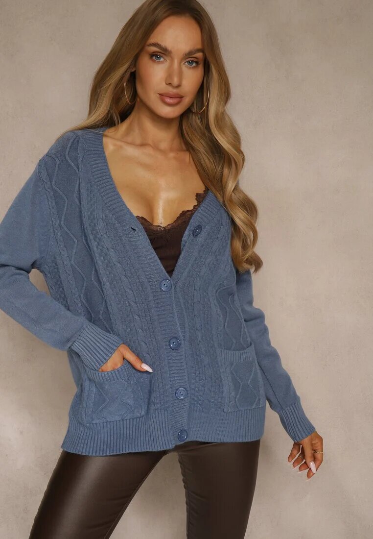 j&x Cardigan Albastru din Bumbac și cu Model în Relief Reisina