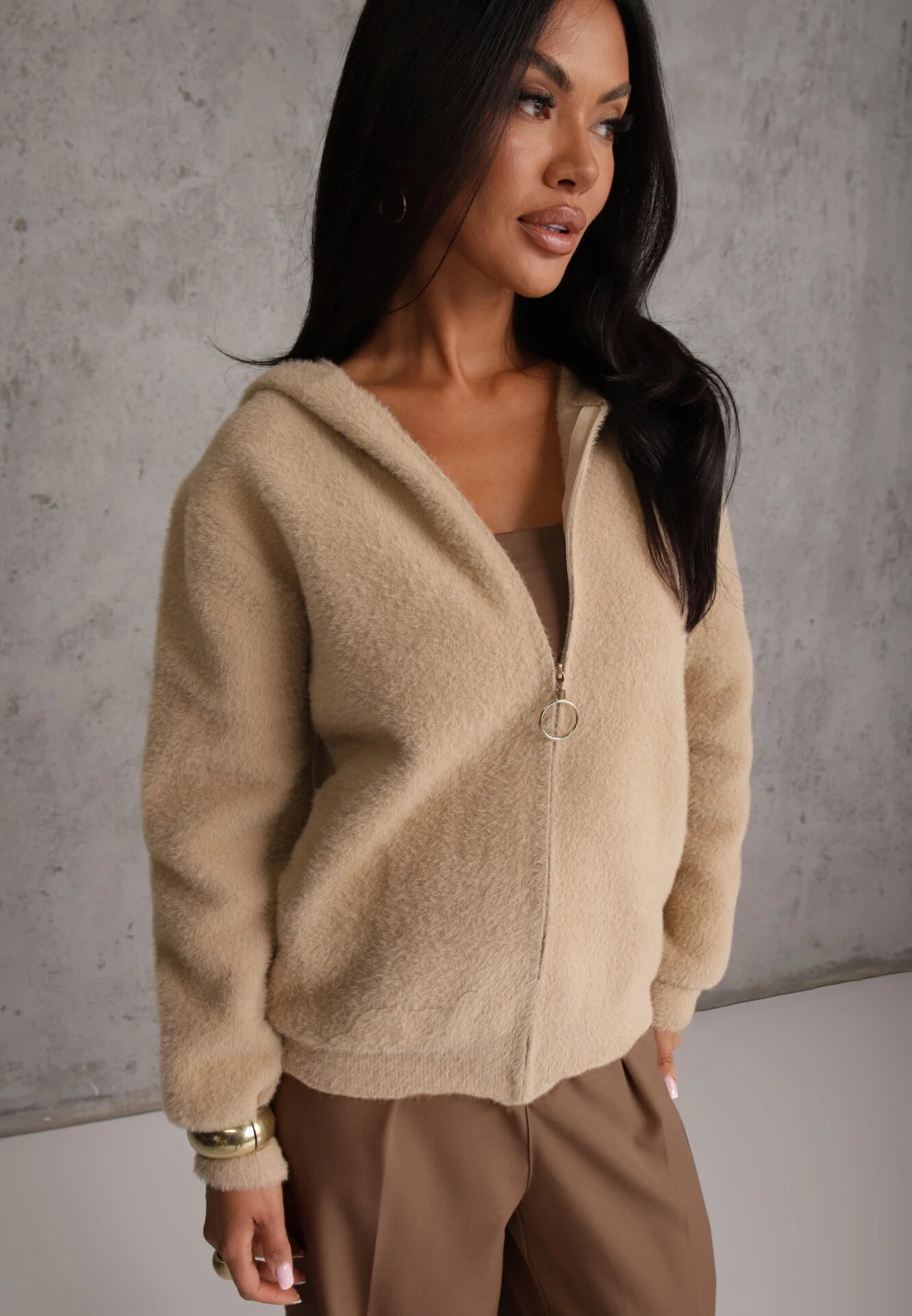 j&x Cardigan Bej Cu fermoar Din lână Cu glugă Aniole