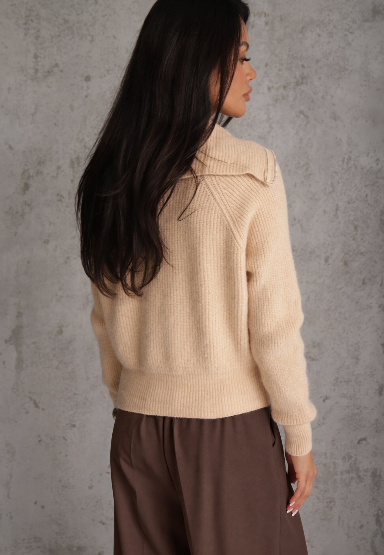 j&x Cardigan Bej cu Lână cu Guler înalt și Închidere cu Fermoar Zinfria