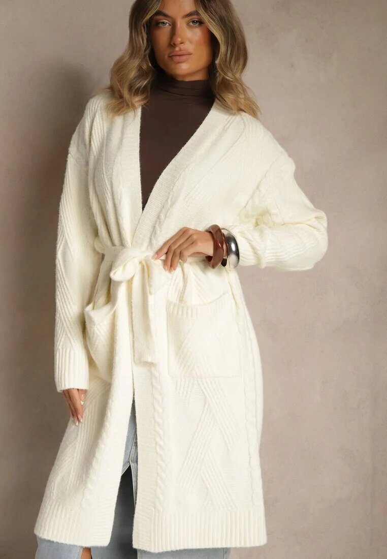 j&x Cardigan Bej deschis Embosat cu Lână cu croială deschisă și curea Dorrive