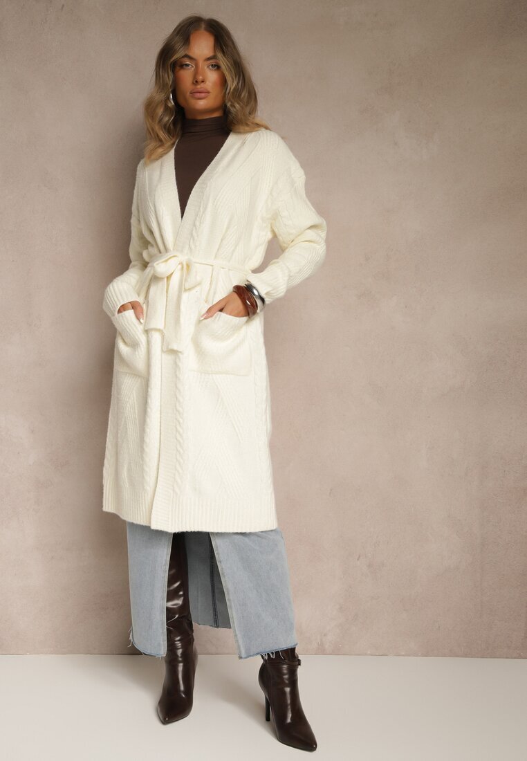j&x Cardigan Bej deschis Embosat cu Lână cu croială deschisă și curea Dorrive
