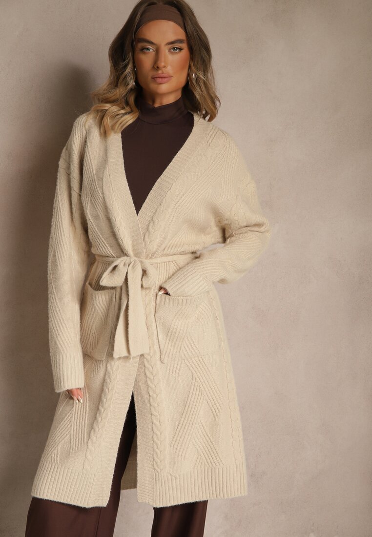 j&x Cardigan bej embosat cu lână cu croială fără închidere cu curea Dorrive