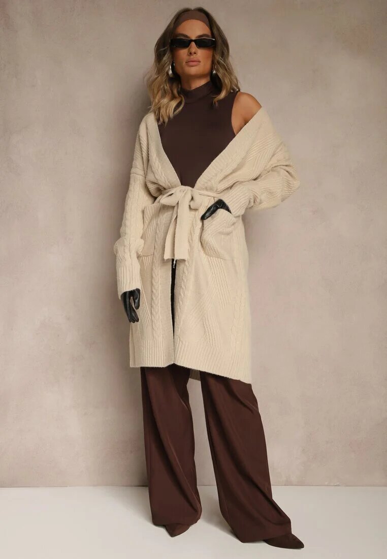 j&x Cardigan bej embosat cu lână cu croială fără închidere cu curea Dorrive