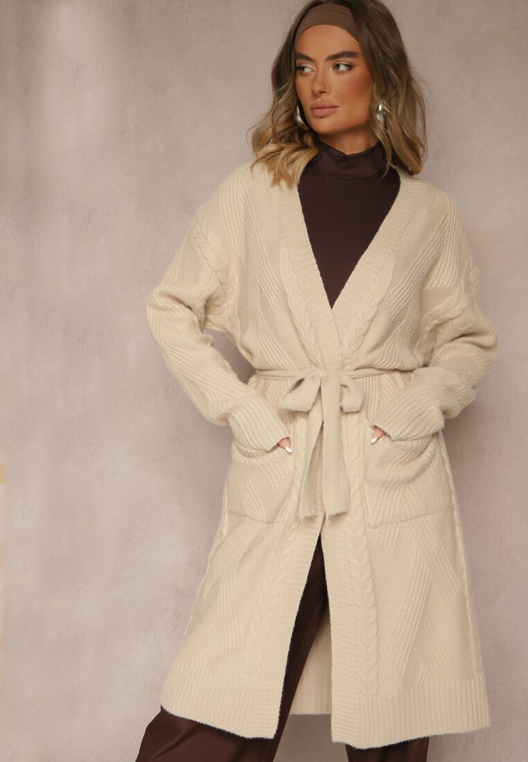 j&x Cardigan bej embosat cu lână cu croială fără închidere cu curea Dorrive