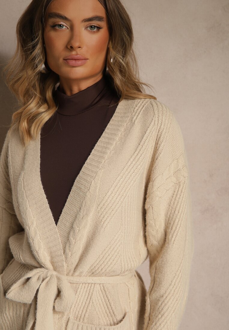 j&x Cardigan bej embosat cu lână cu croială fără închidere cu curea Dorrive
