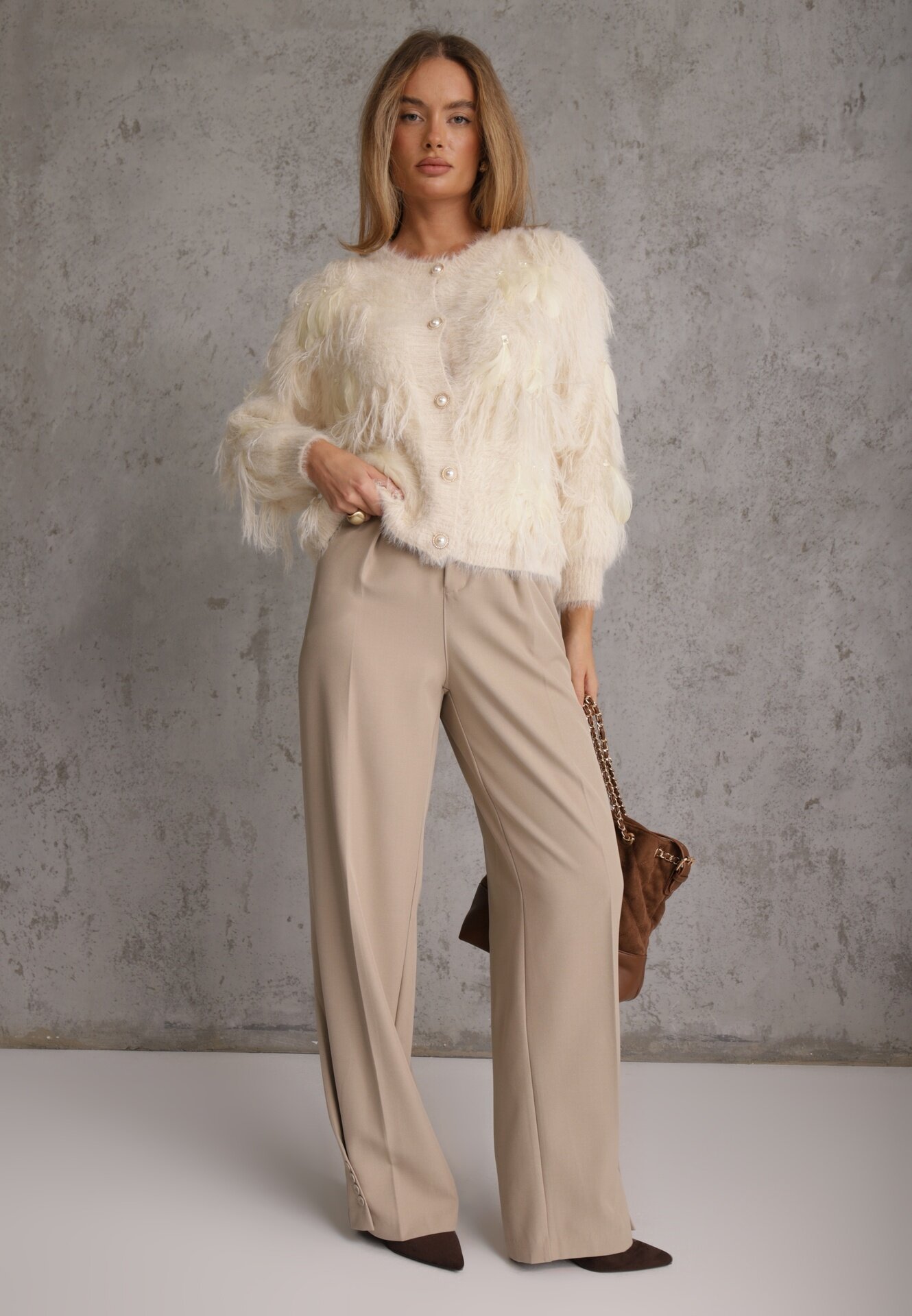 j&x Cardigan Bej Tricotat cu Lână Imitând Penele cu Nasturi Perlați Meviatta