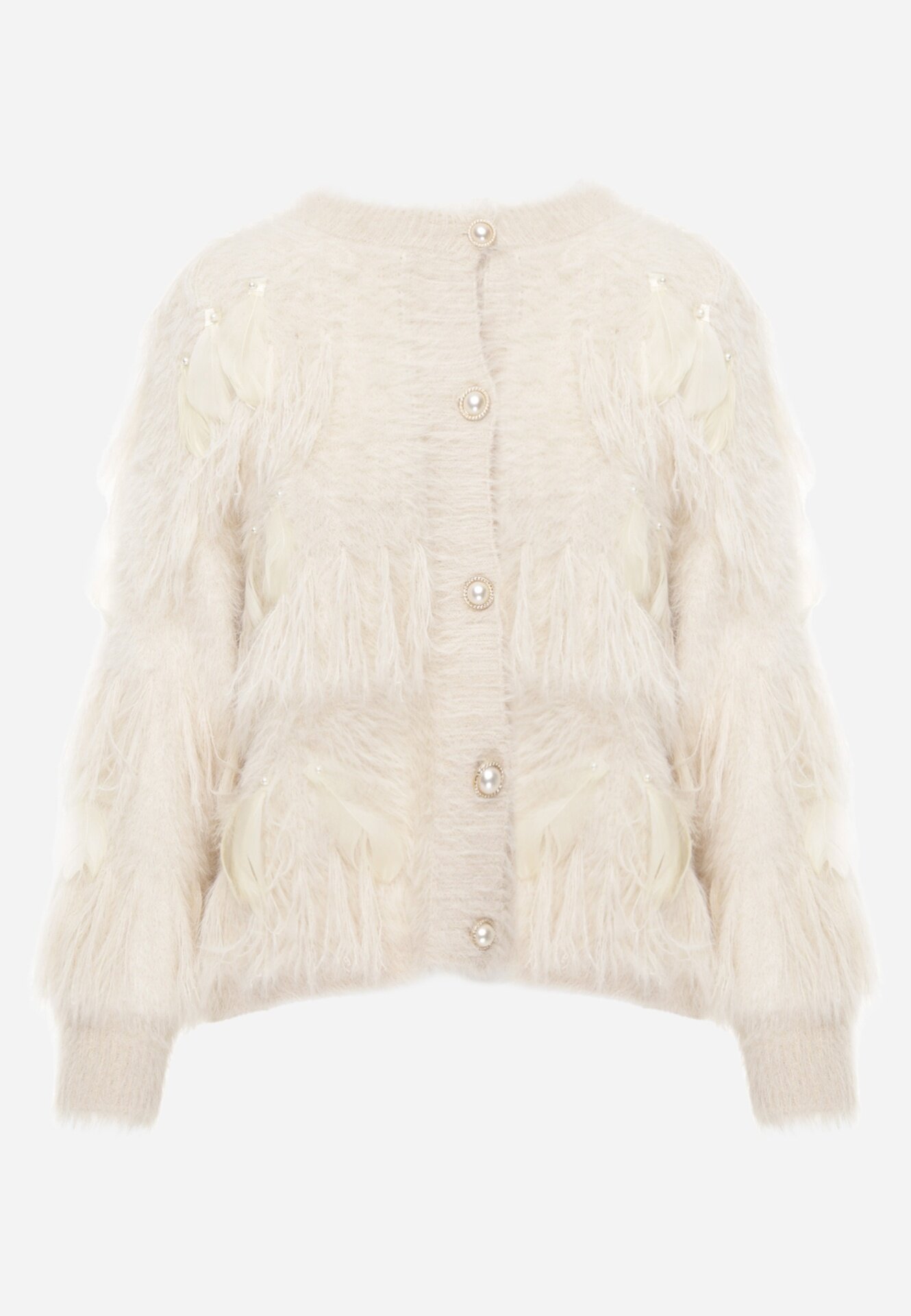 j&x Cardigan Bej Tricotat cu Lână Imitând Penele cu Nasturi Perlați Meviatta
