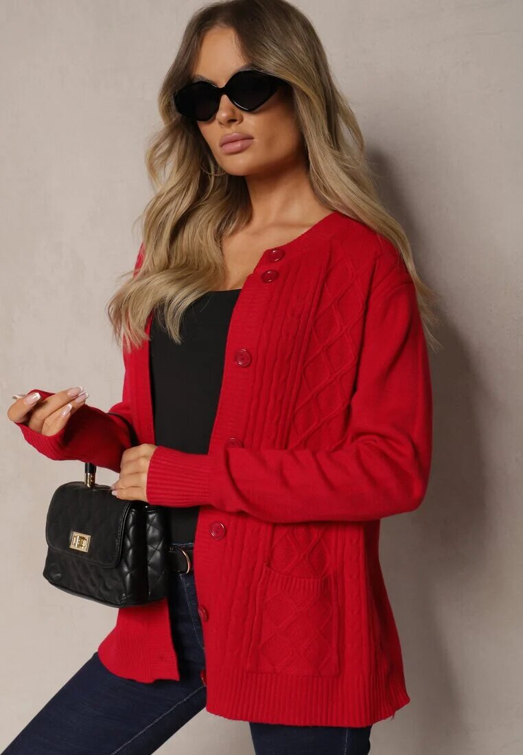 j&x Cardigan Casual Bordeaux cu bumbac cu buzunare decorat cu imprimeu în relief Mevanille