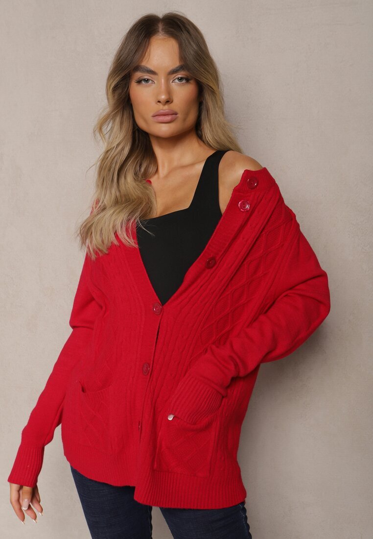 j&x Cardigan Casual Bordeaux cu bumbac cu buzunare decorat cu imprimeu în relief Mevanille