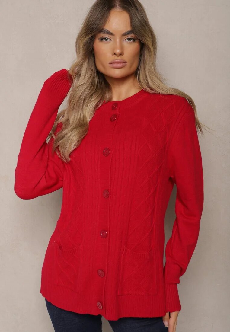 j&x Cardigan Casual Bordeaux cu bumbac cu buzunare decorat cu imprimeu în relief Mevanille
