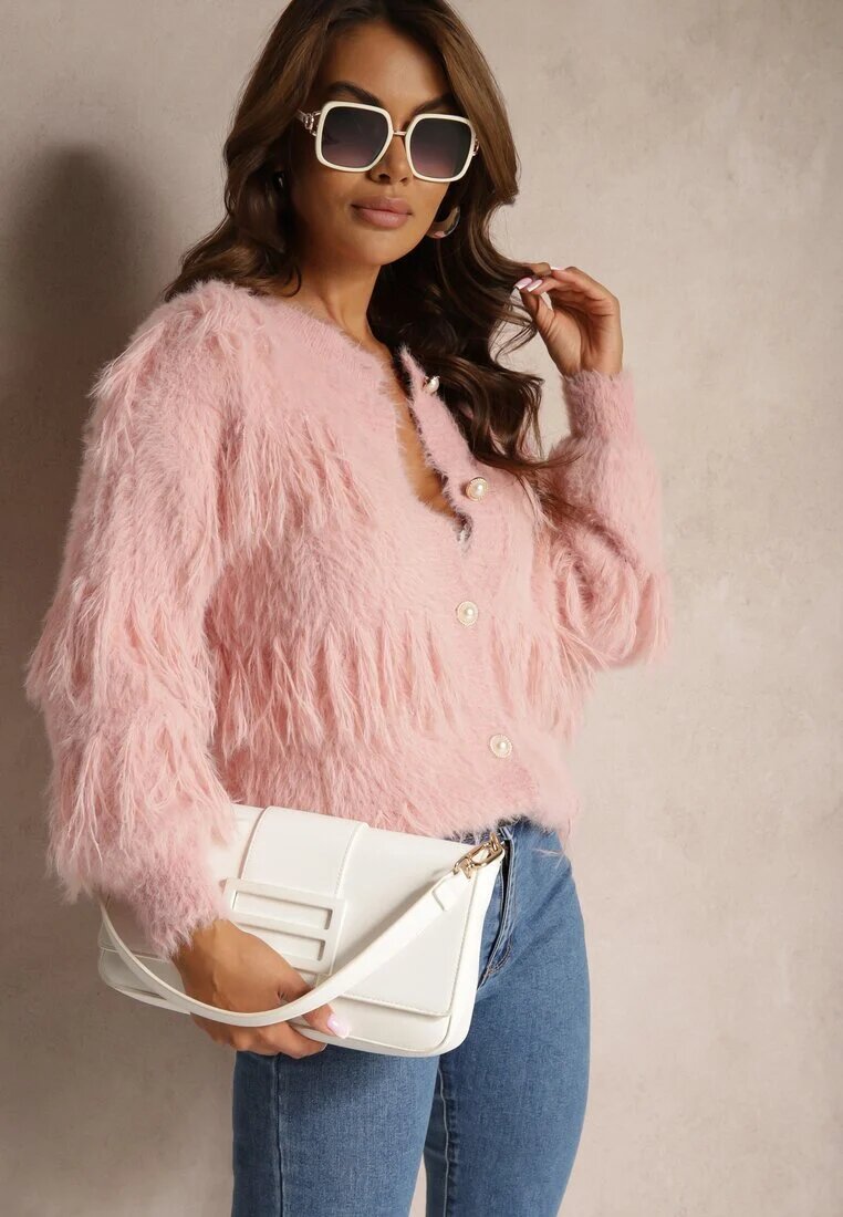 j&x Cardigan Casual Roz Pufos cu Lână Franjuri și Nasturi Mavanira