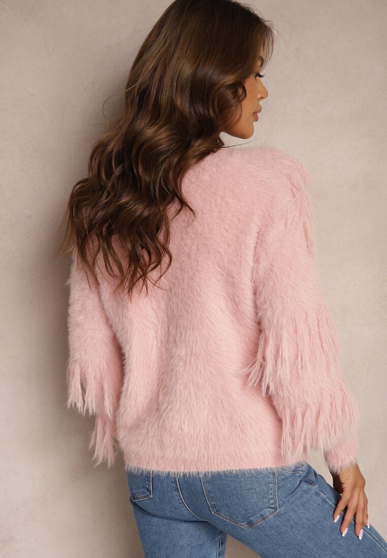 j&x Cardigan Casual Roz Pufos cu Lână Franjuri și Nasturi Mavanira