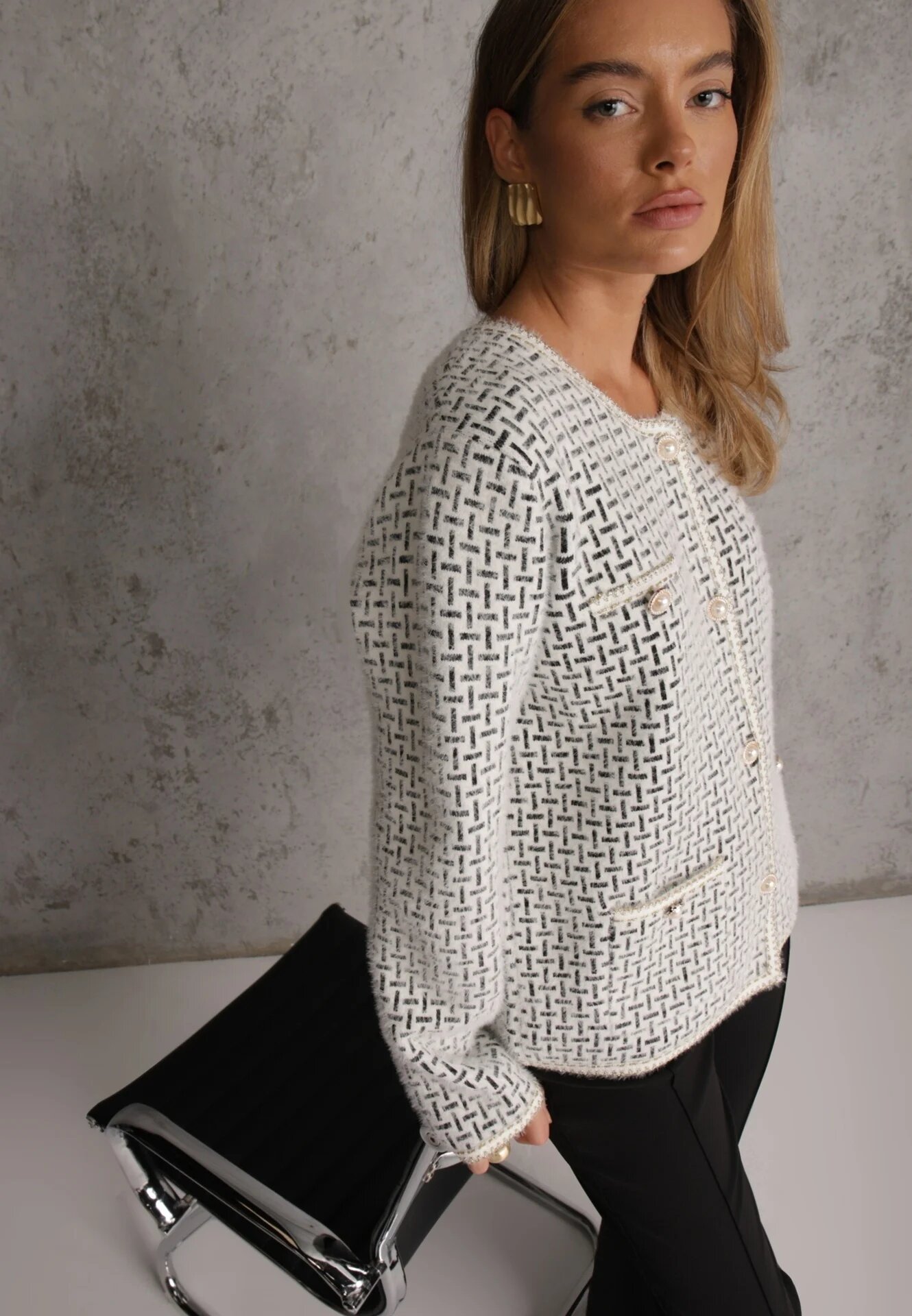 j&x Cardigan cu lână cu model geometric cu nasturi în stil perle Ifre Alb