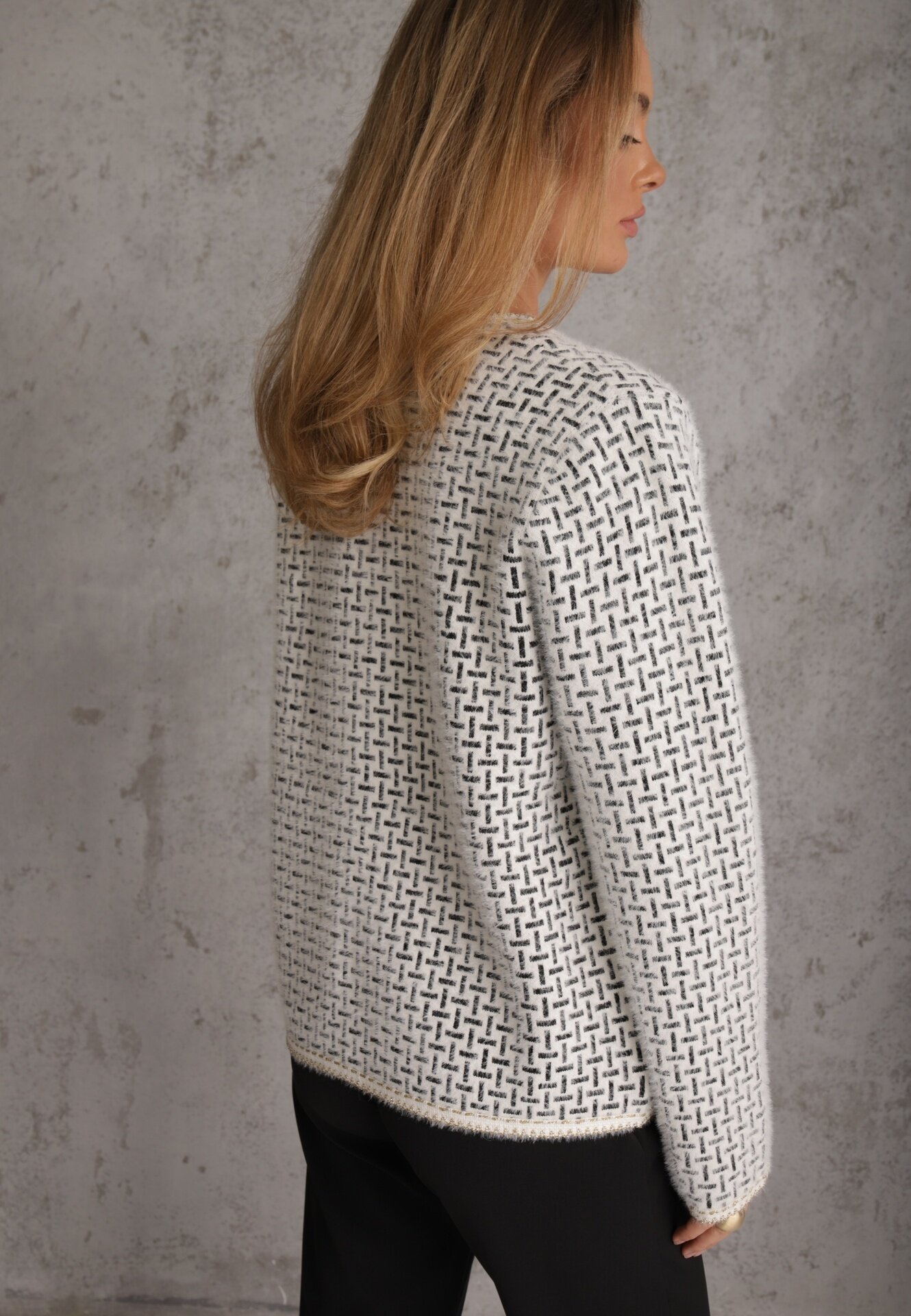 j&x Cardigan cu lână cu model geometric cu nasturi în stil perle Ifre Alb