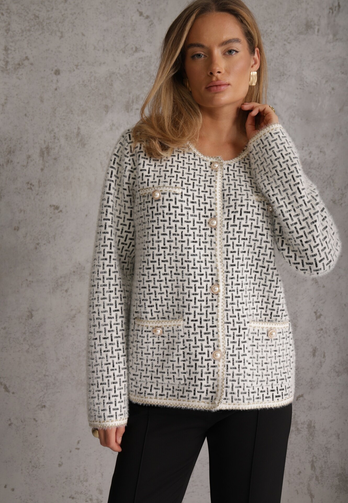 j&x Cardigan cu lână cu model geometric cu nasturi în stil perle Ifre Alb