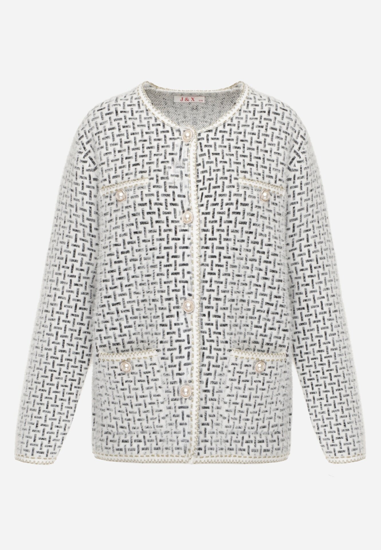 j&x Cardigan cu lână cu model geometric cu nasturi în stil perle Ifre Alb