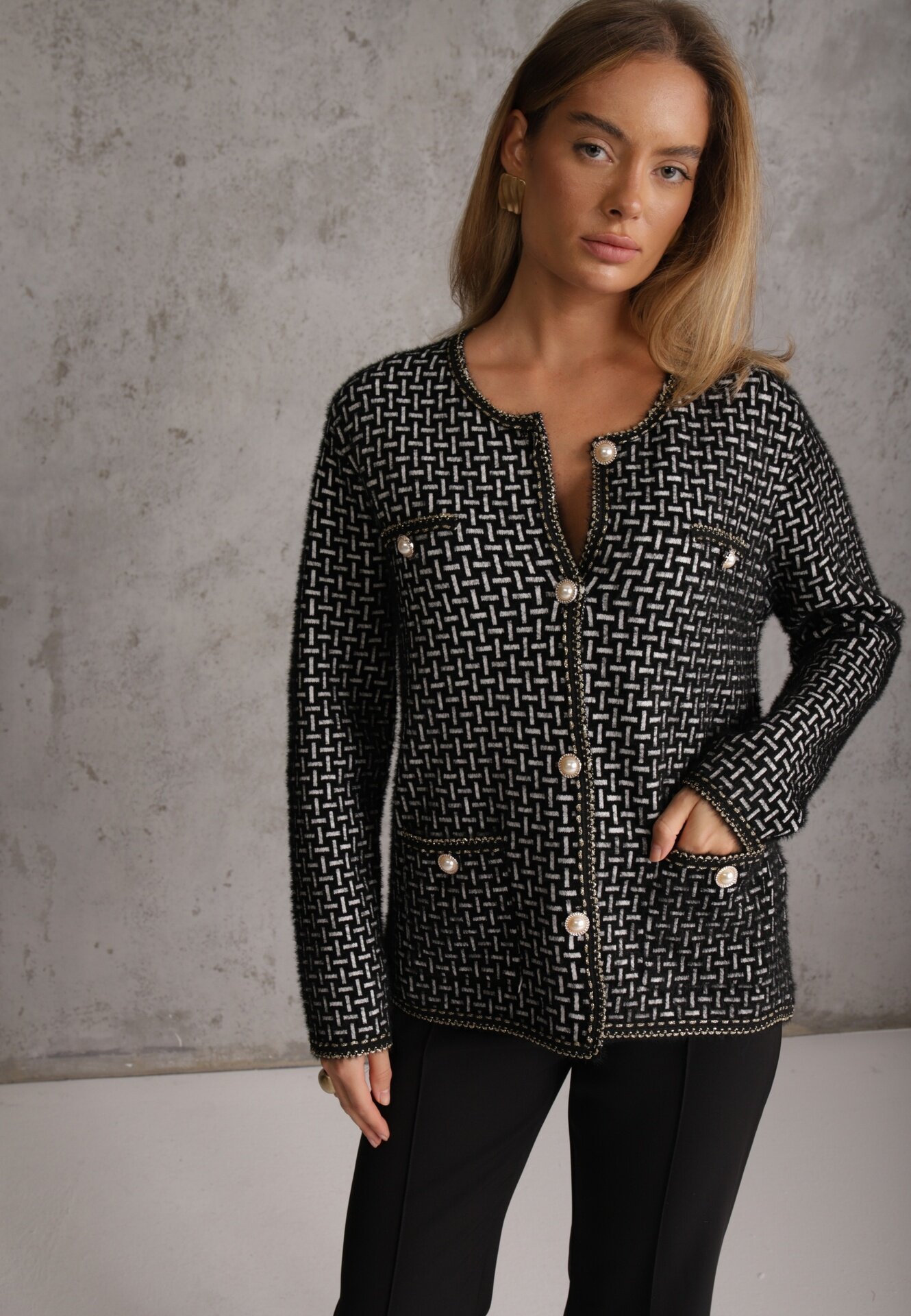 j&x Cardigan cu lână cu model geometric cu nasturi în stil perle Ifre Negru