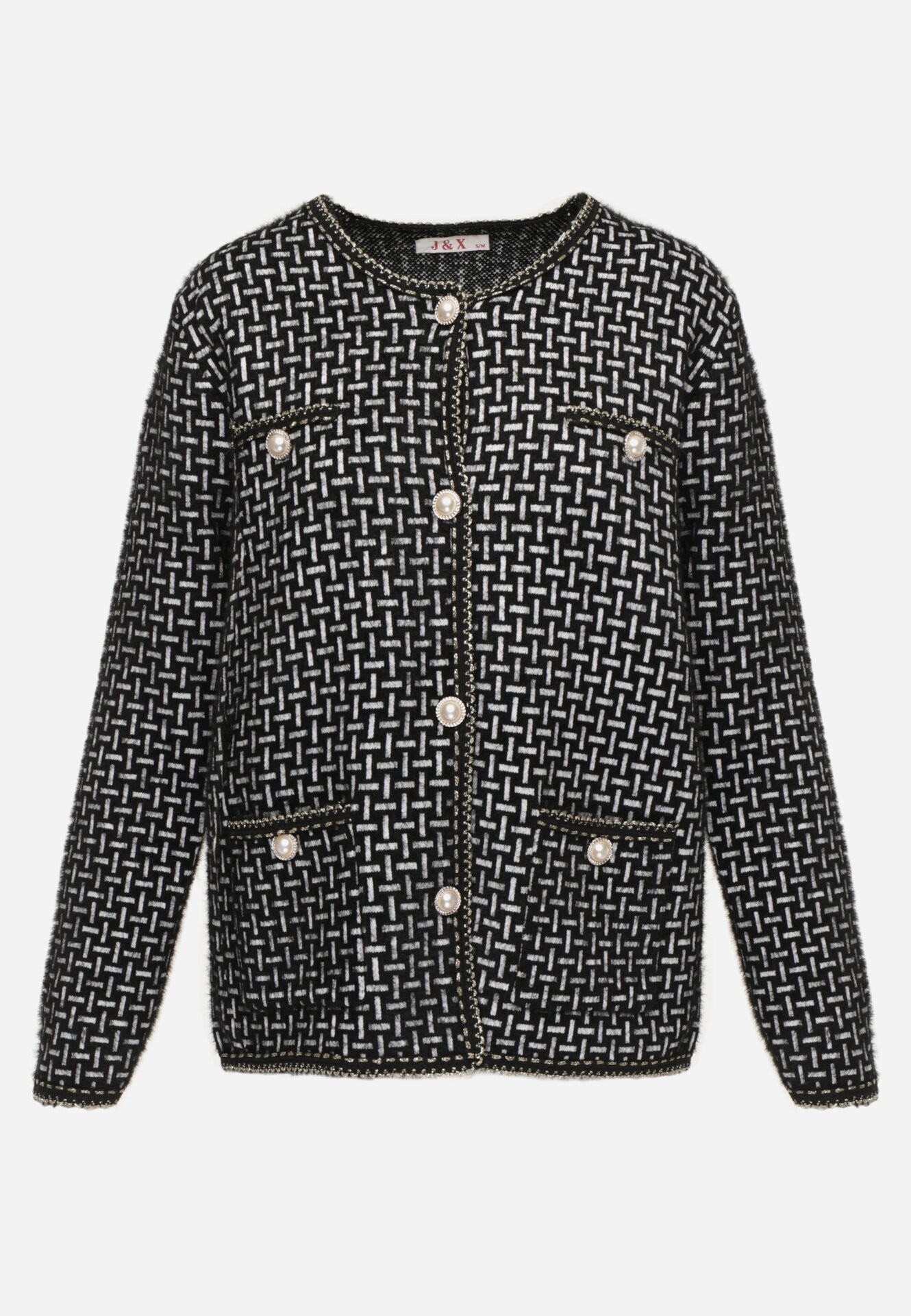 j&x Cardigan cu lână cu model geometric cu nasturi în stil perle Ifre Negru