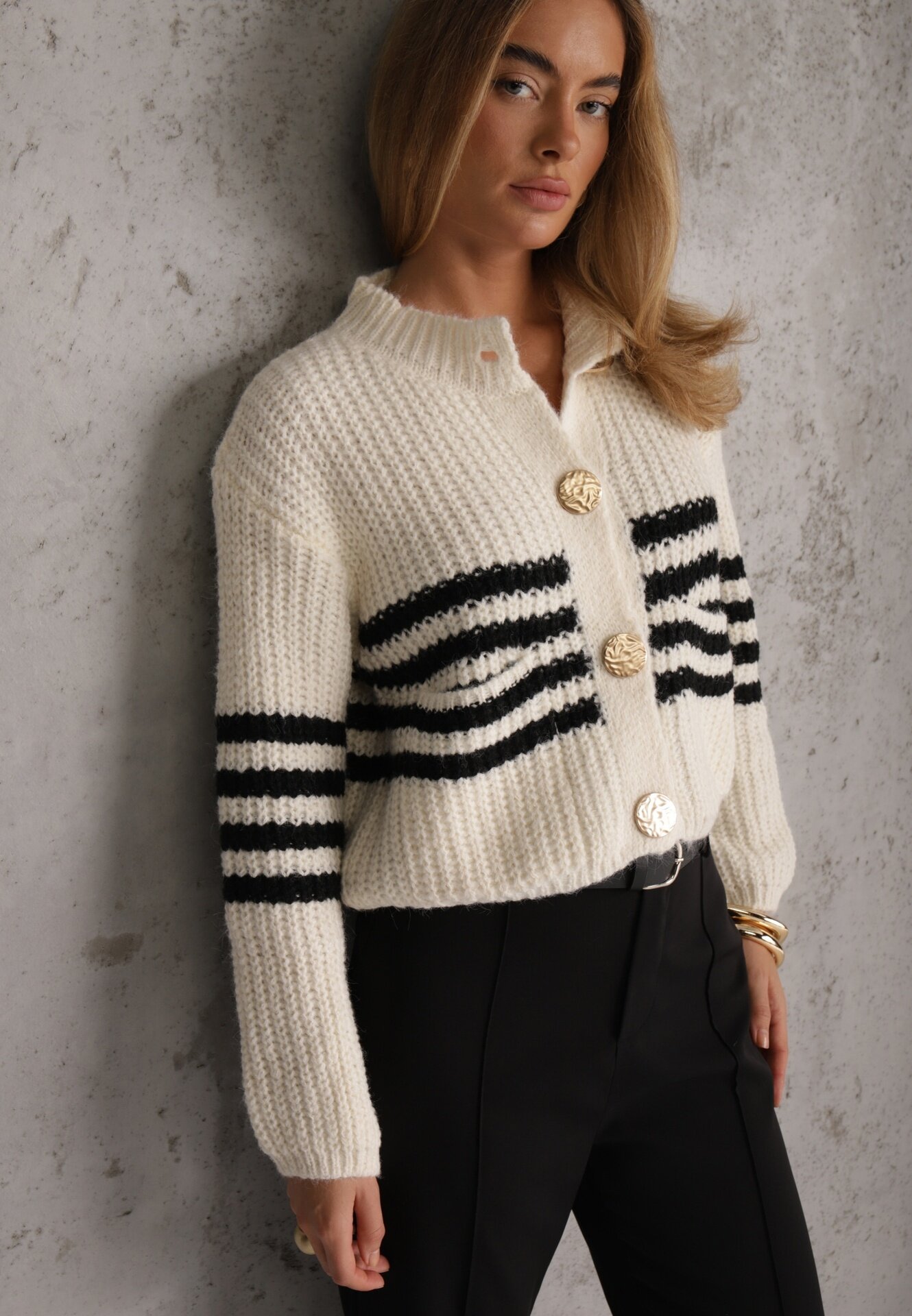 j&x Cardigan cu lână în dungi stil elegant Pallem Bej deschis