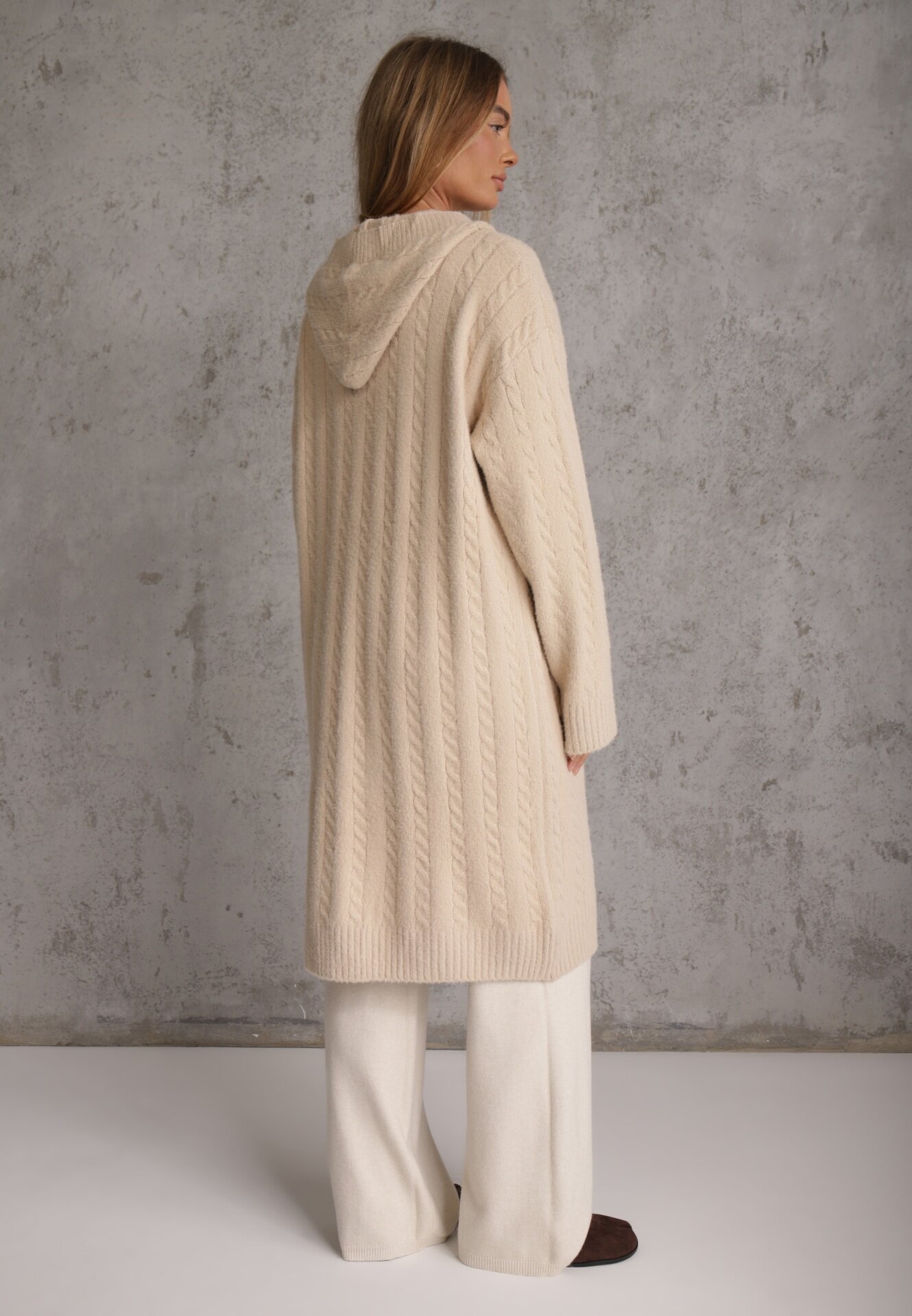 j&x Cardigan cu lână și bumbac lungă cu glugă cu nasturi și model împletit Nahili Bej