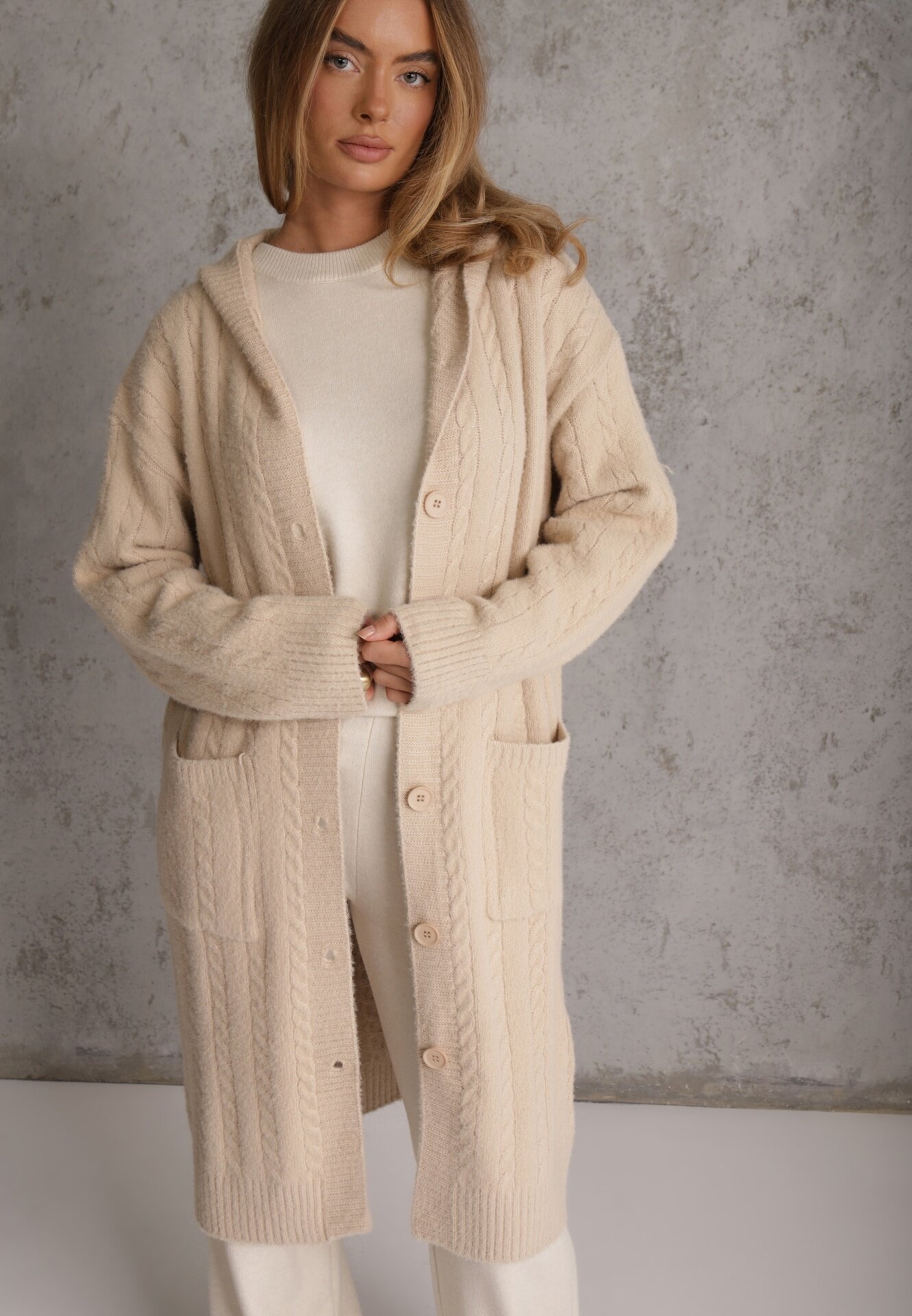 j&x Cardigan cu lână și bumbac lungă cu glugă cu nasturi și model împletit Nahili Bej