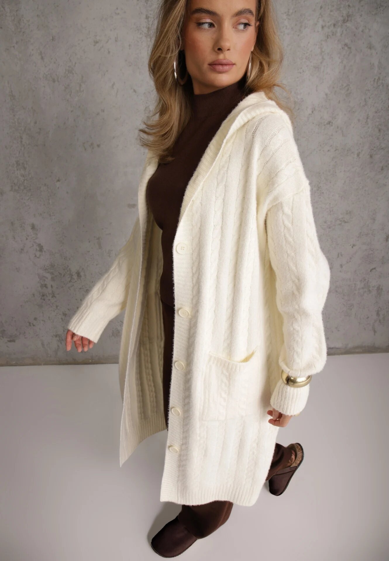 j&x Cardigan cu lână și bumbac lungă cu glugă cu nasturi și model împletit Nahili Bej deschis