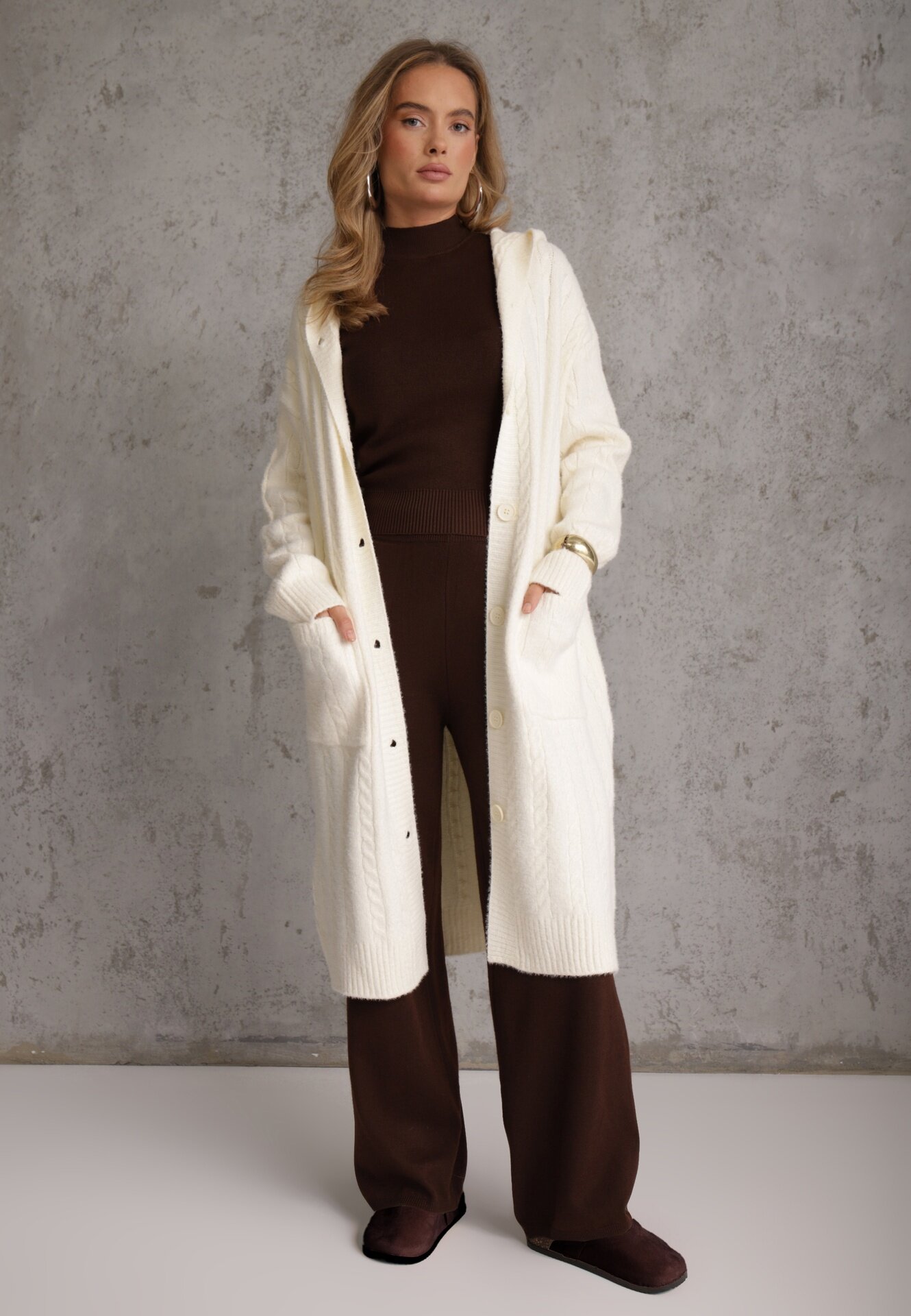 j&x Cardigan cu lână și bumbac lungă cu glugă cu nasturi și model împletit Nahili Bej deschis