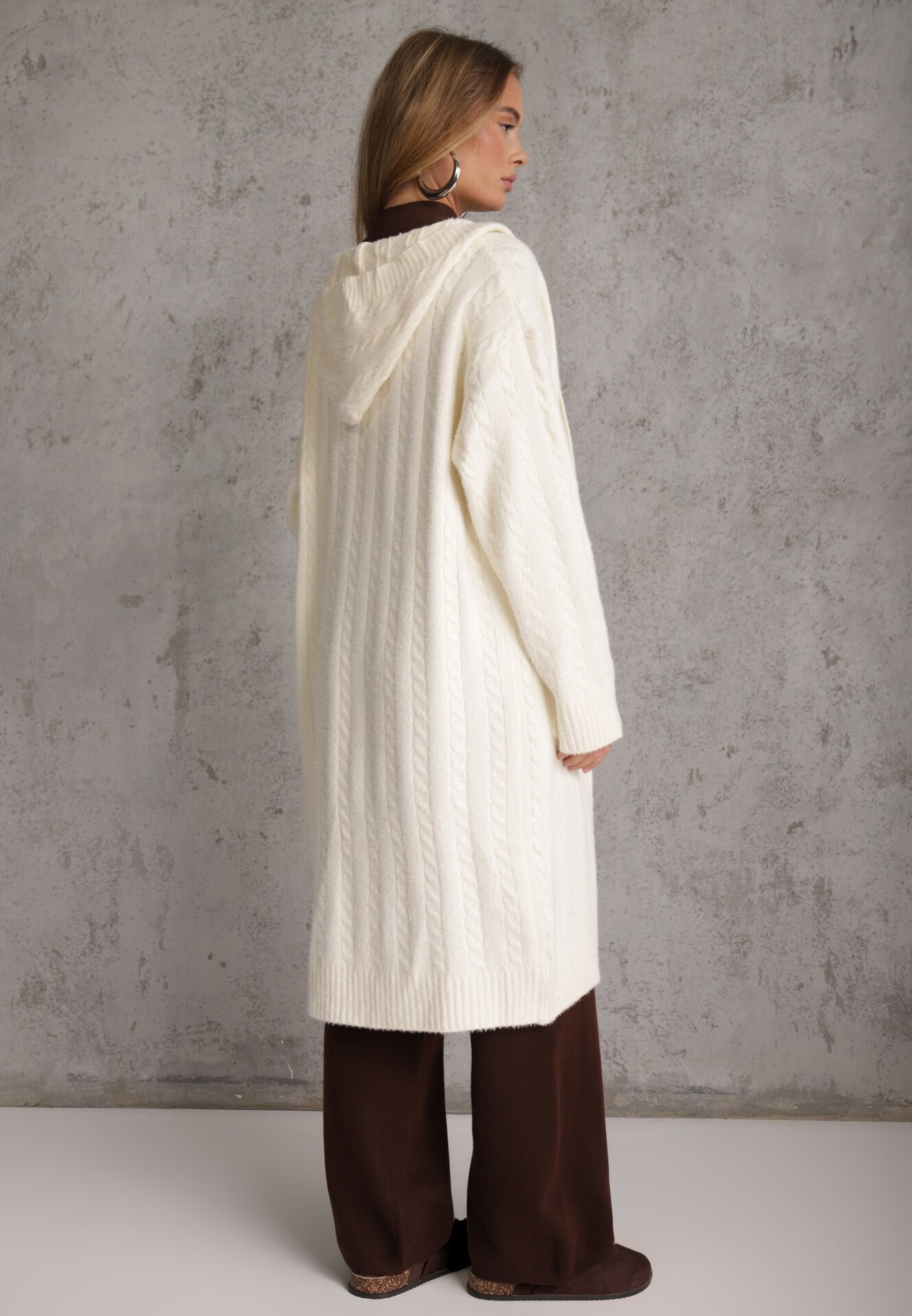 j&x Cardigan cu lână și bumbac lungă cu glugă cu nasturi și model împletit Nahili Bej deschis