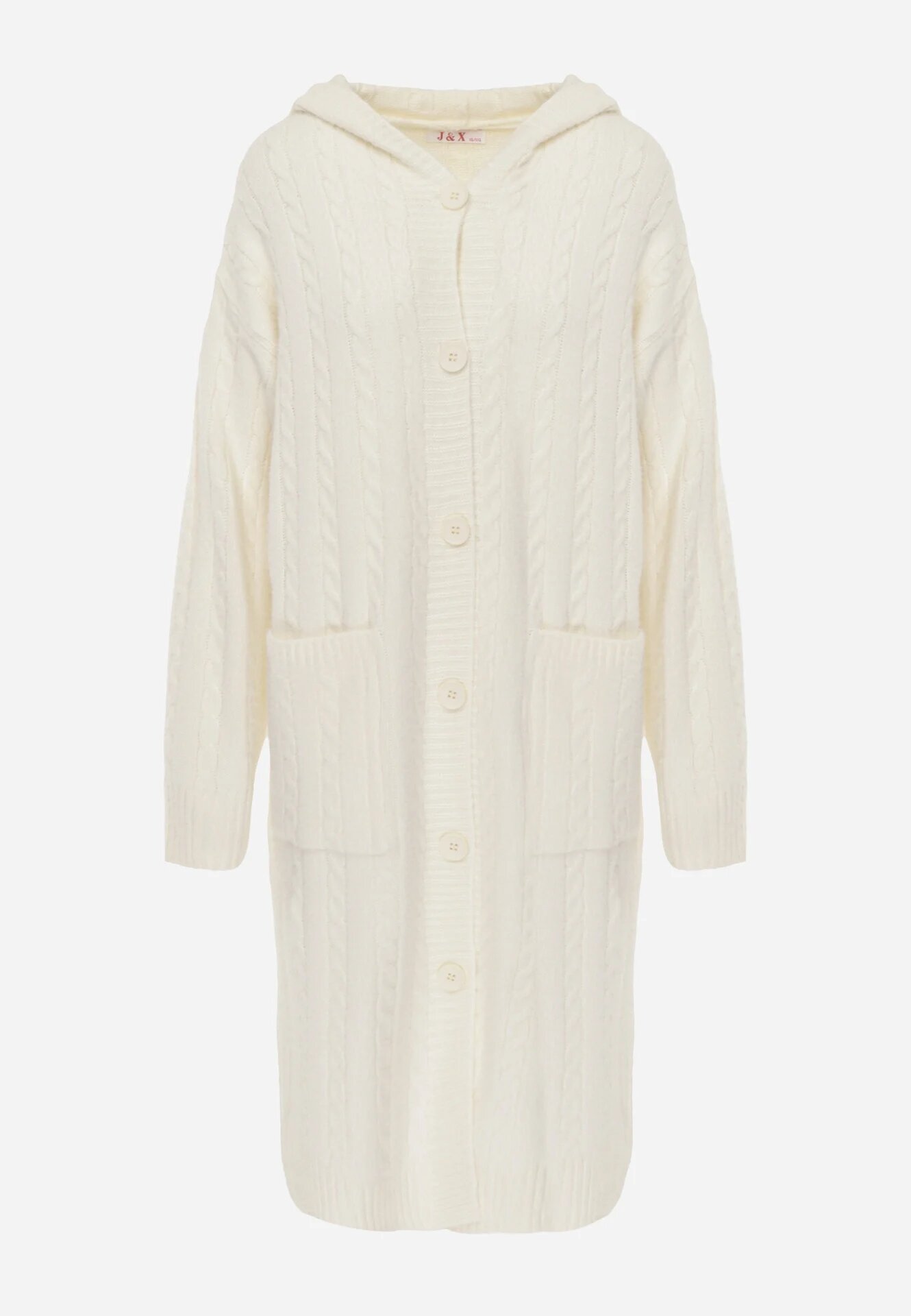 j&x Cardigan cu lână și bumbac lungă cu glugă cu nasturi și model împletit Nahili Bej deschis