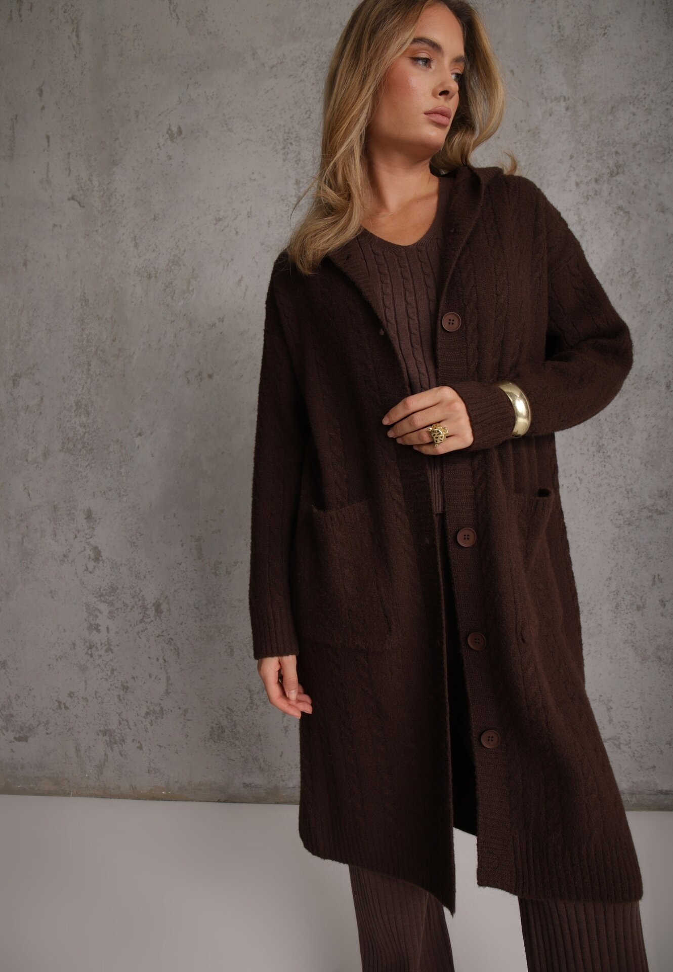 j&x Cardigan cu lână și bumbac lungă cu glugă cu nasturi și model împletit Nahili Maro