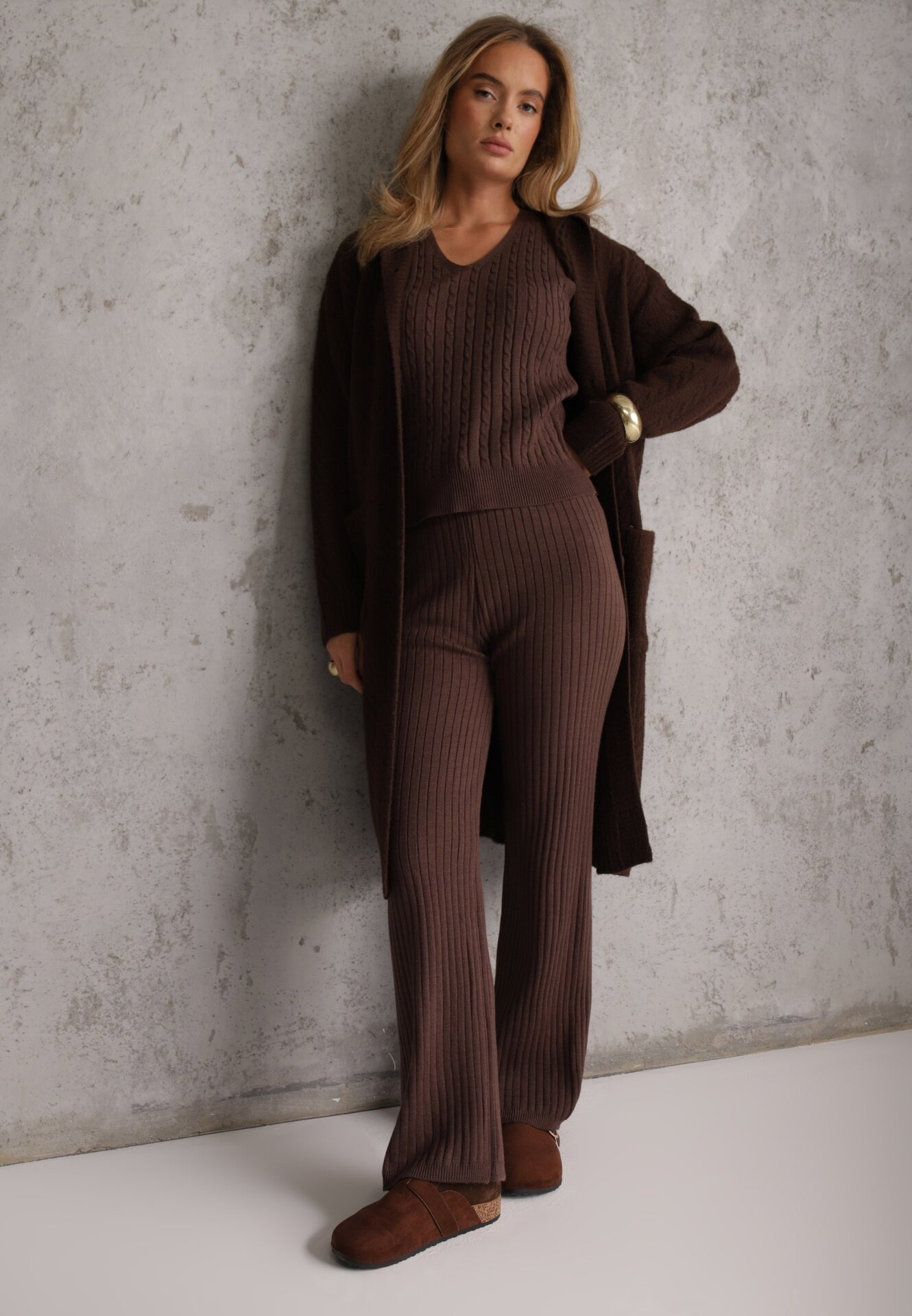 j&x Cardigan cu lână și bumbac lungă cu glugă cu nasturi și model împletit Nahili Maro