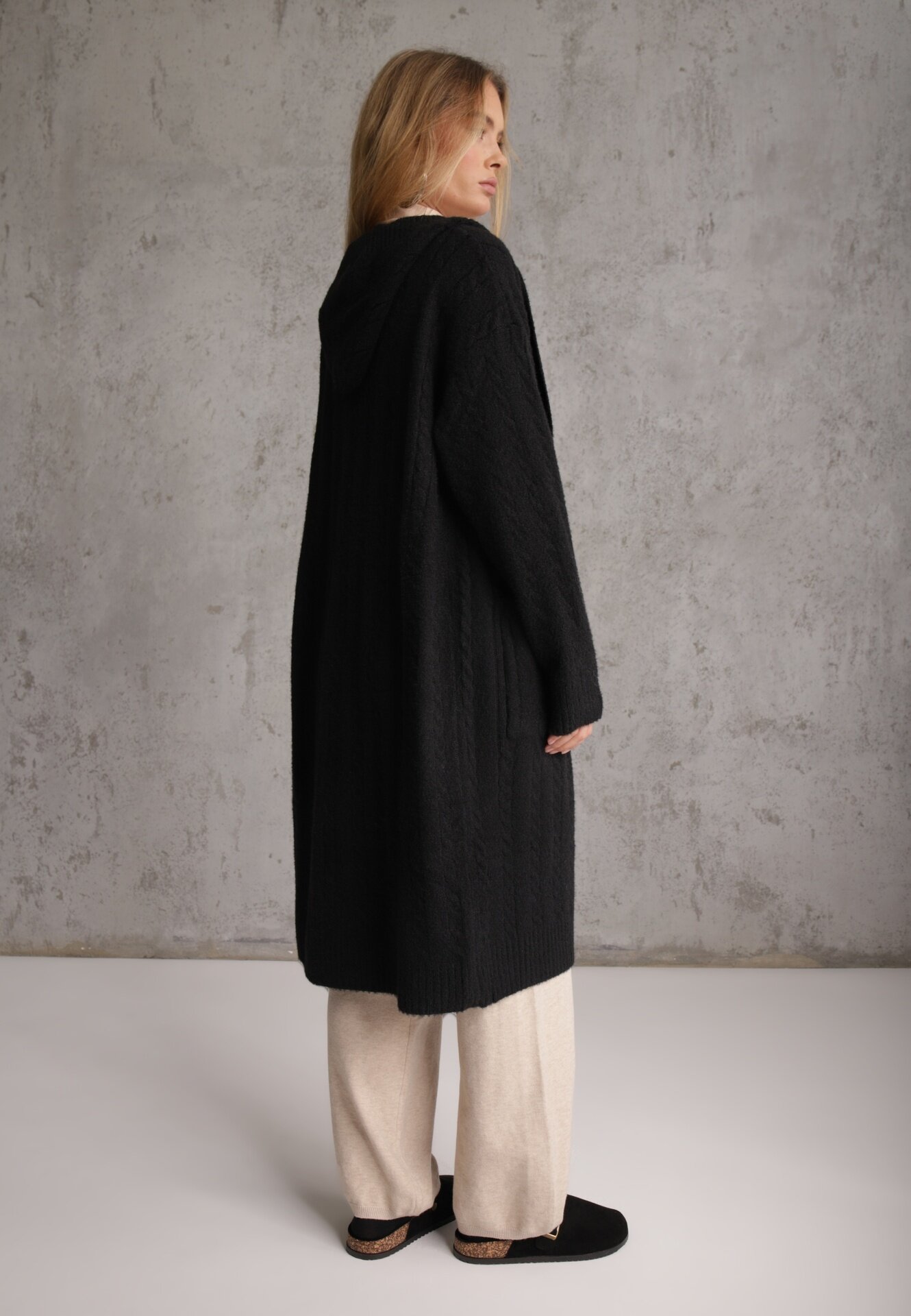 j&x Cardigan cu lână și bumbac lungă cu glugă cu nasturi și model împletit Nahili Negru