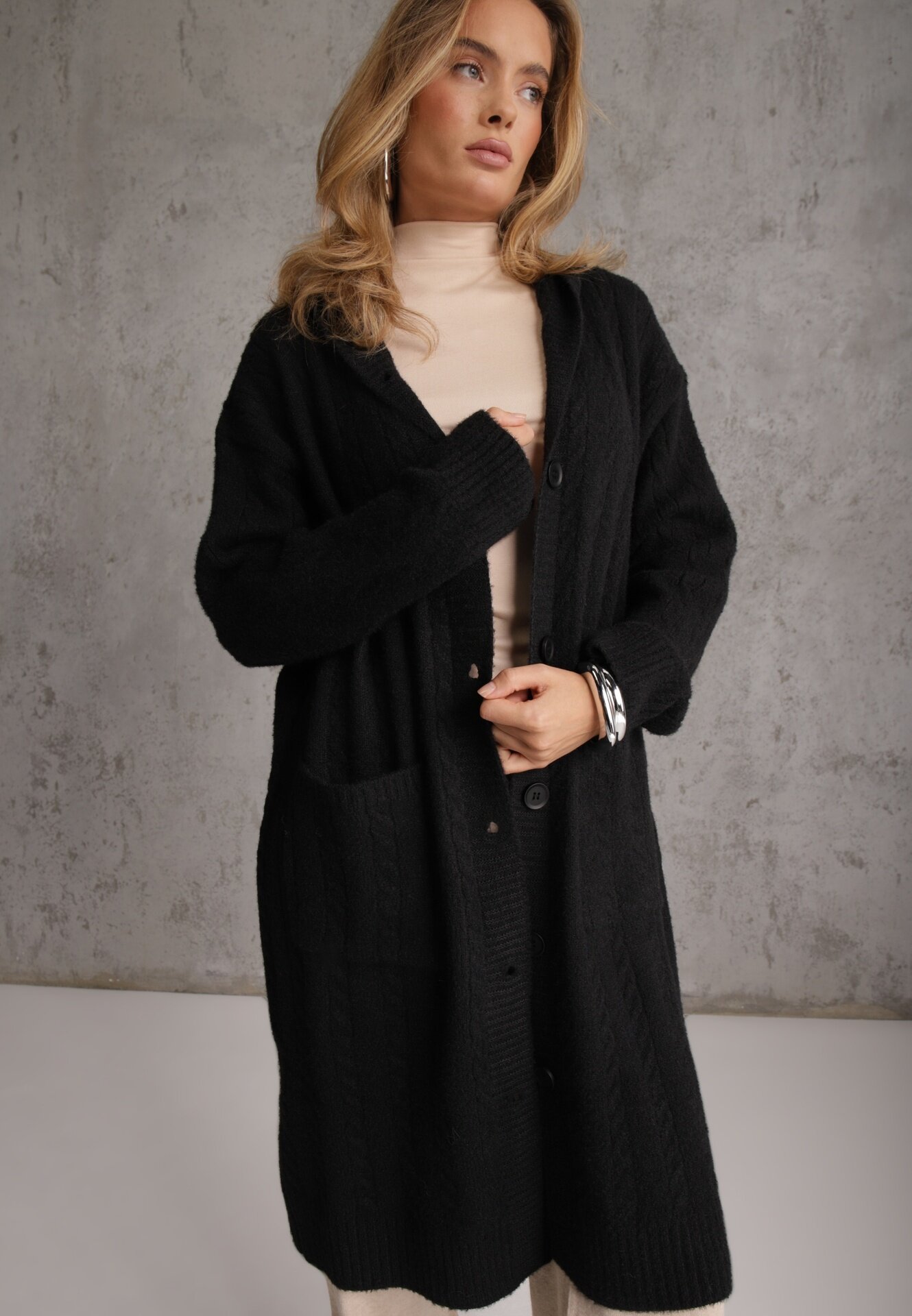 j&x Cardigan cu lână și bumbac lungă cu glugă cu nasturi și model împletit Nahili Negru