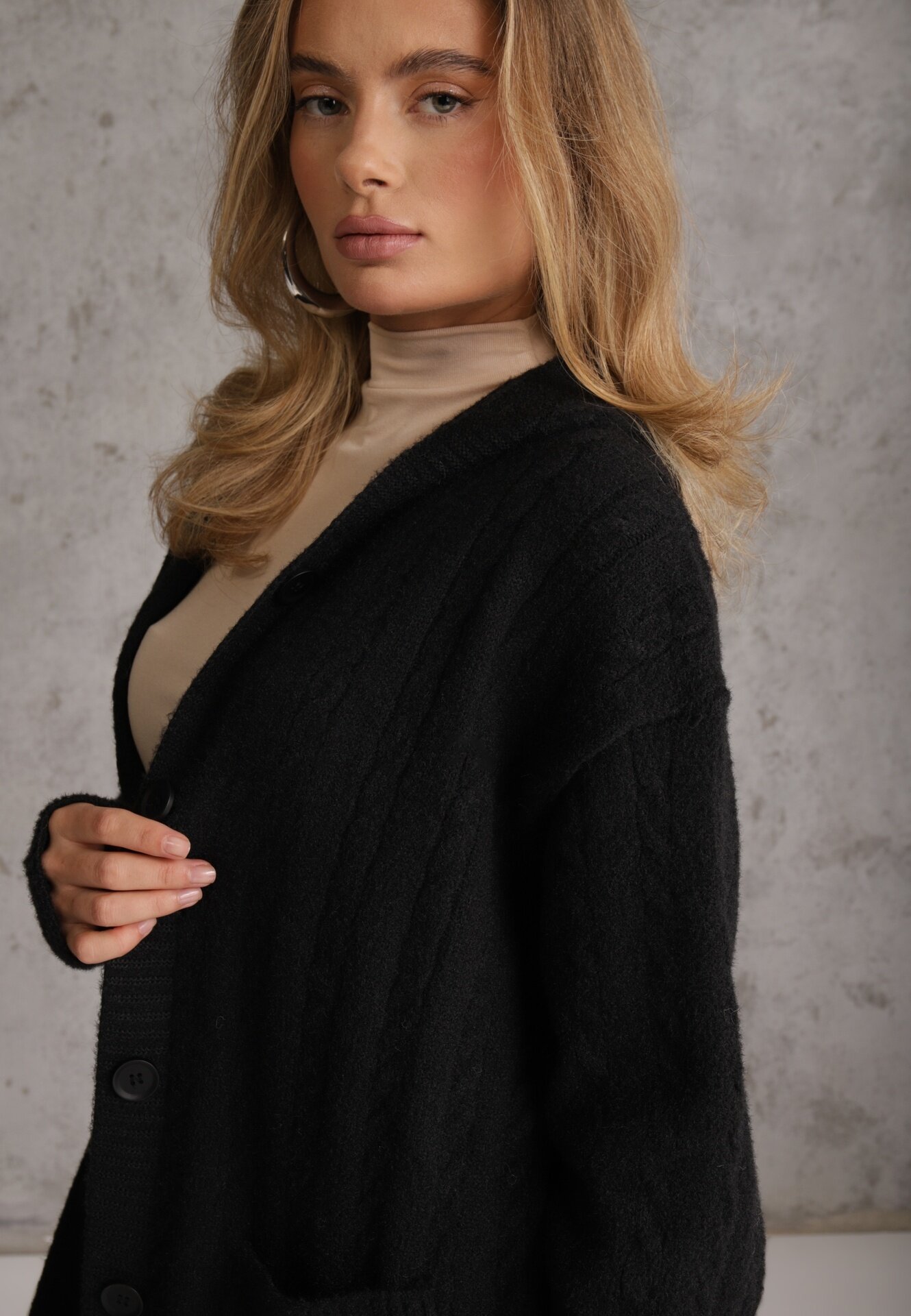 j&x Cardigan cu lână și bumbac lungă cu glugă cu nasturi și model împletit Nahili Negru