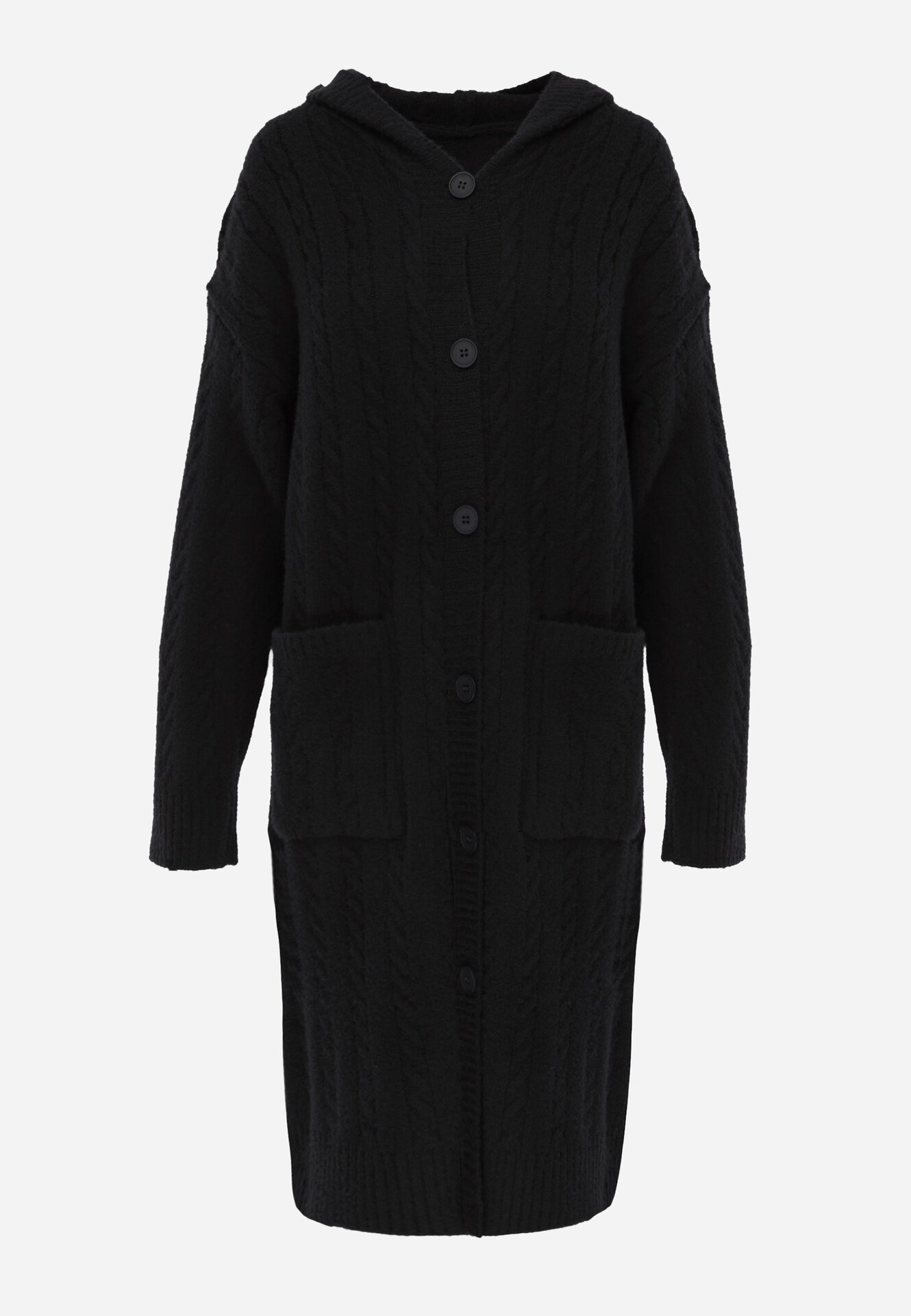 j&x Cardigan cu lână și bumbac lungă cu glugă cu nasturi și model împletit Nahili Negru