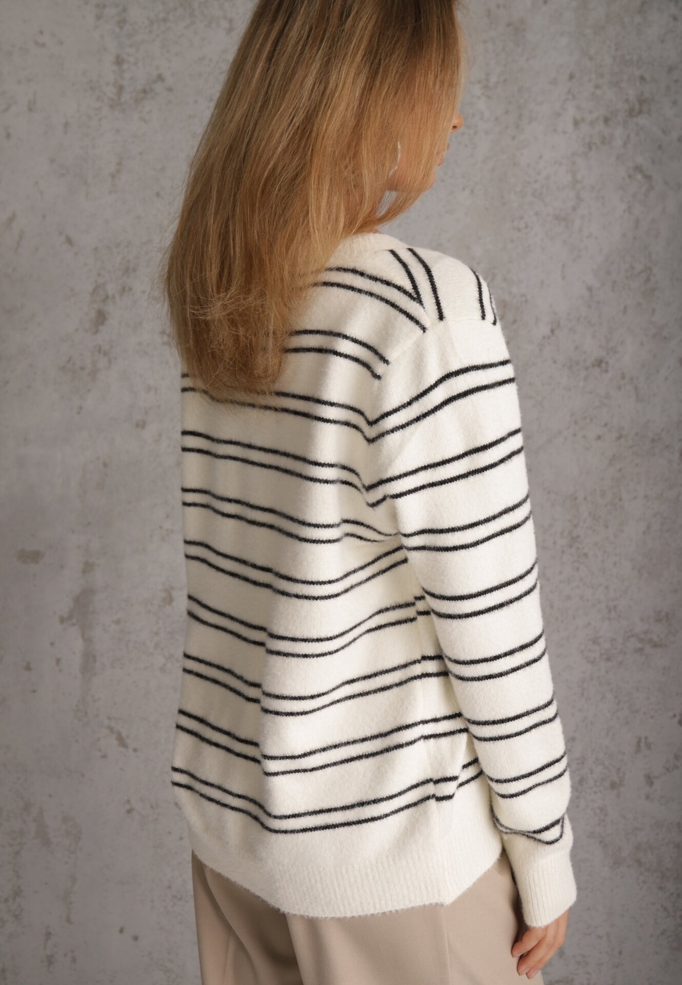 j&x Cardigan descheiat cu bumbac și lână decorat cu dungi Corelie Bej deschis