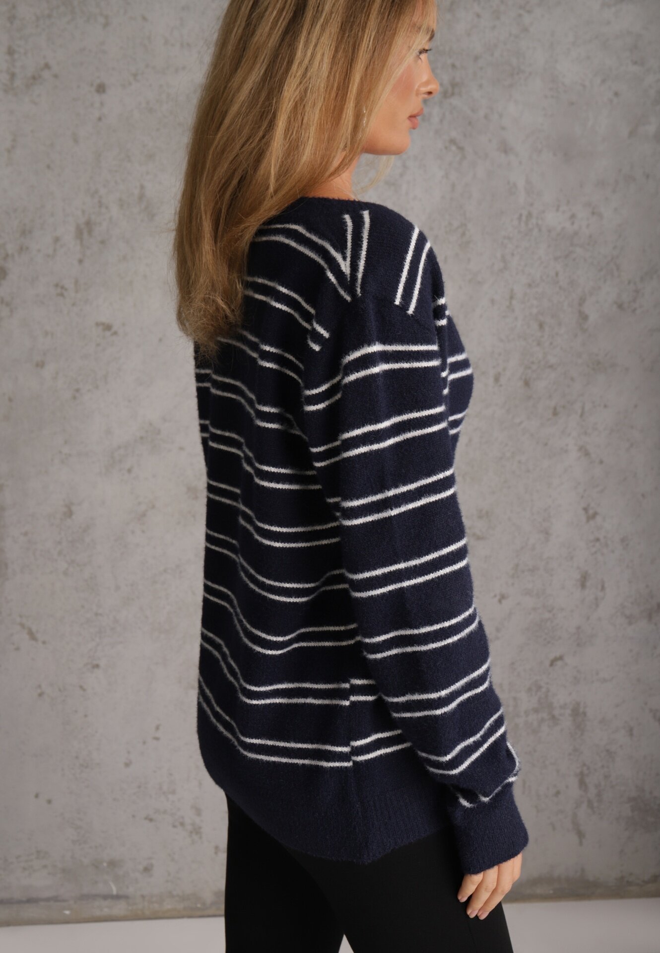 j&x Cardigan descheiat cu bumbac și lână decorat cu dungi Corelie Bleumarin