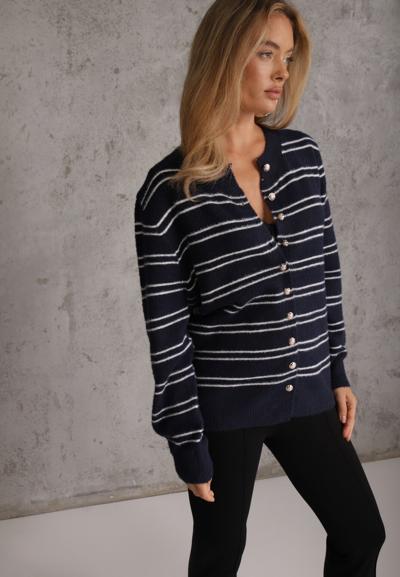 j&x Cardigan descheiat cu bumbac și lână decorat cu dungi Corelie Bleumarin
