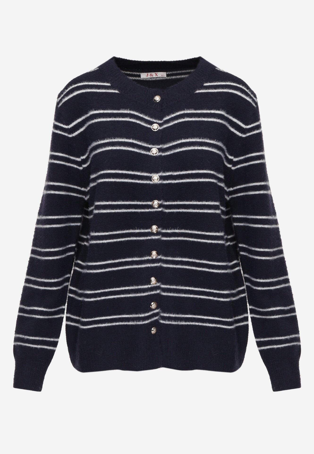 j&x Cardigan descheiat cu bumbac și lână decorat cu dungi Corelie Bleumarin