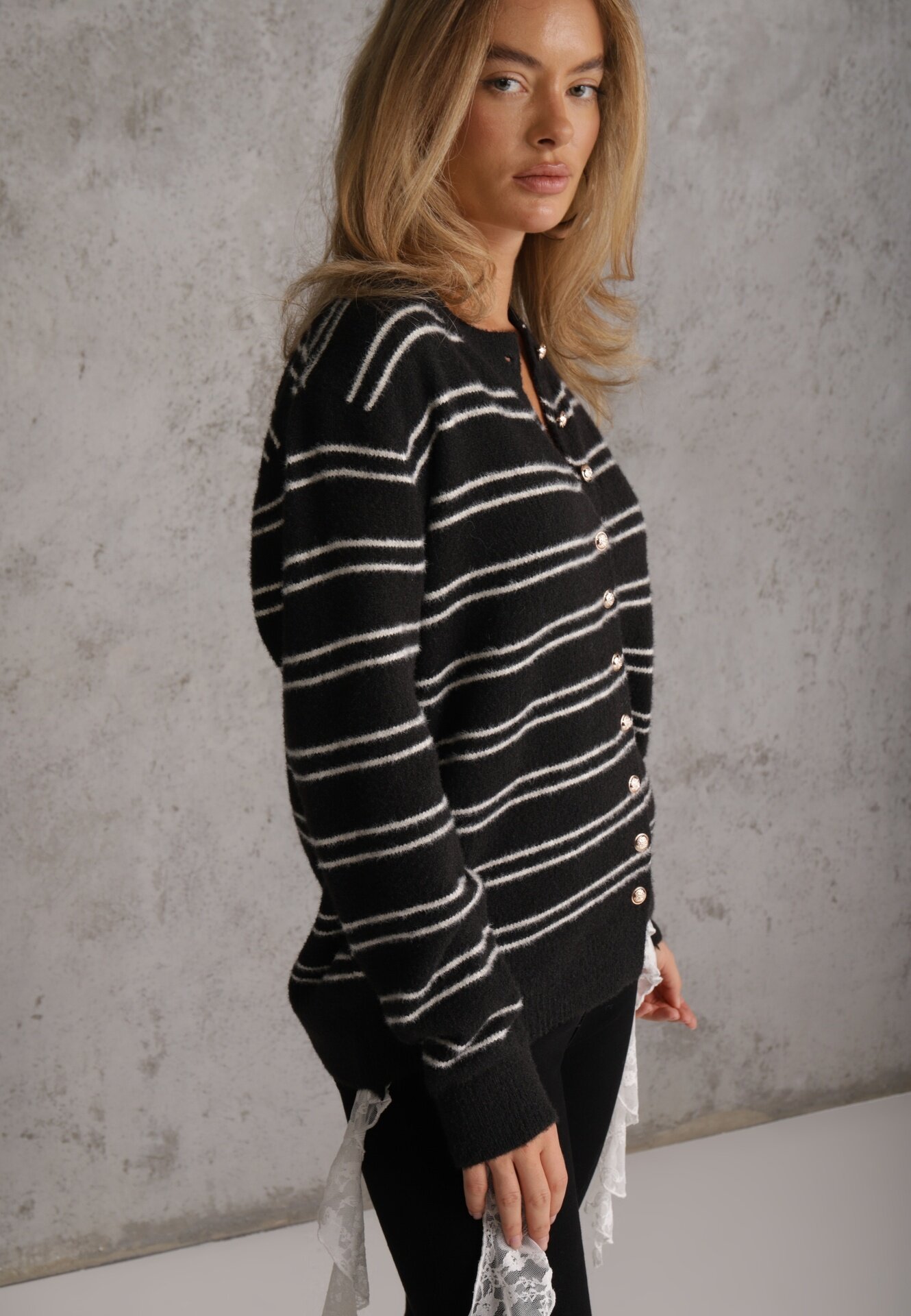 j&x Cardigan descheiat cu bumbac și lână decorat cu dungi Corelie Negru