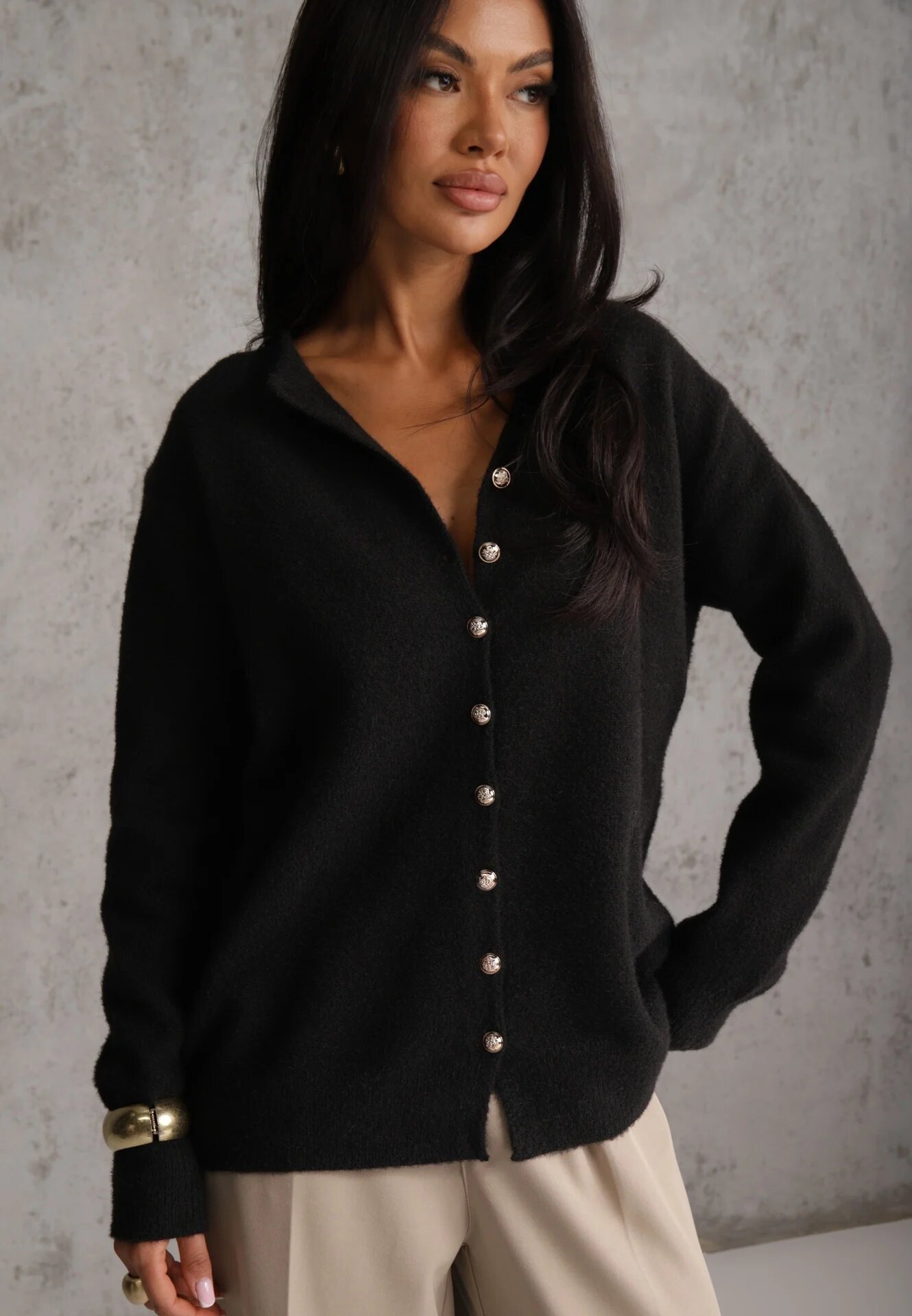 j&x Cardigan descheiat cu nasturi metalici Vizma Bej Negru