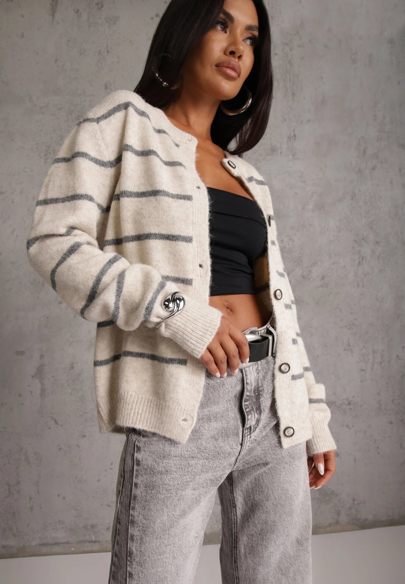 j&x Cardigan din bumbac și lână merinos cu nasturi decorat cu dungi Forgann Bej deschis