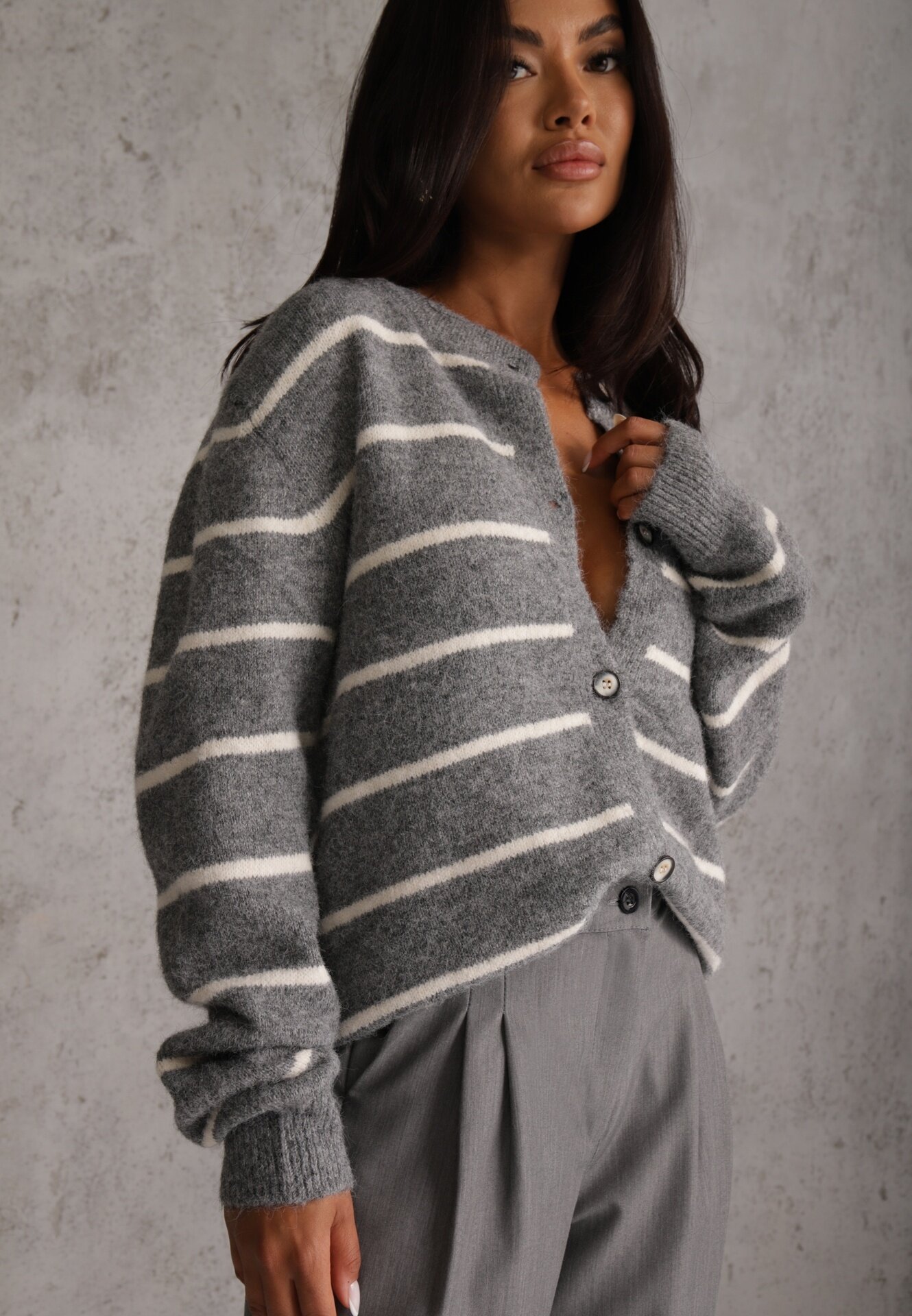 j&x Cardigan din bumbac și lână merinos cu nasturi decorat cu dungi Forgann Gri
