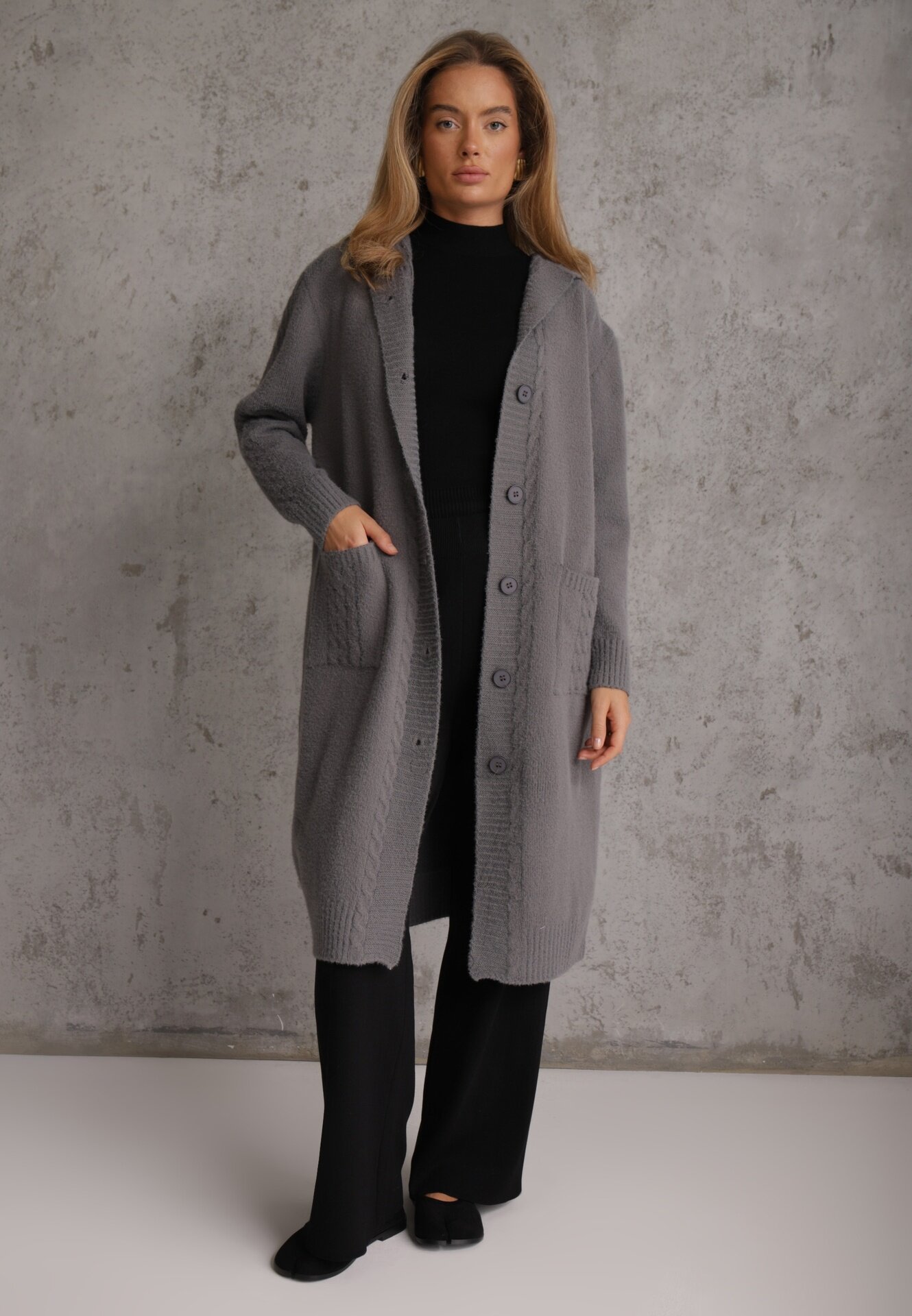 j&x Cardigan din lână cu croială lungă cu nasturi și cu glugă Radonla Gri